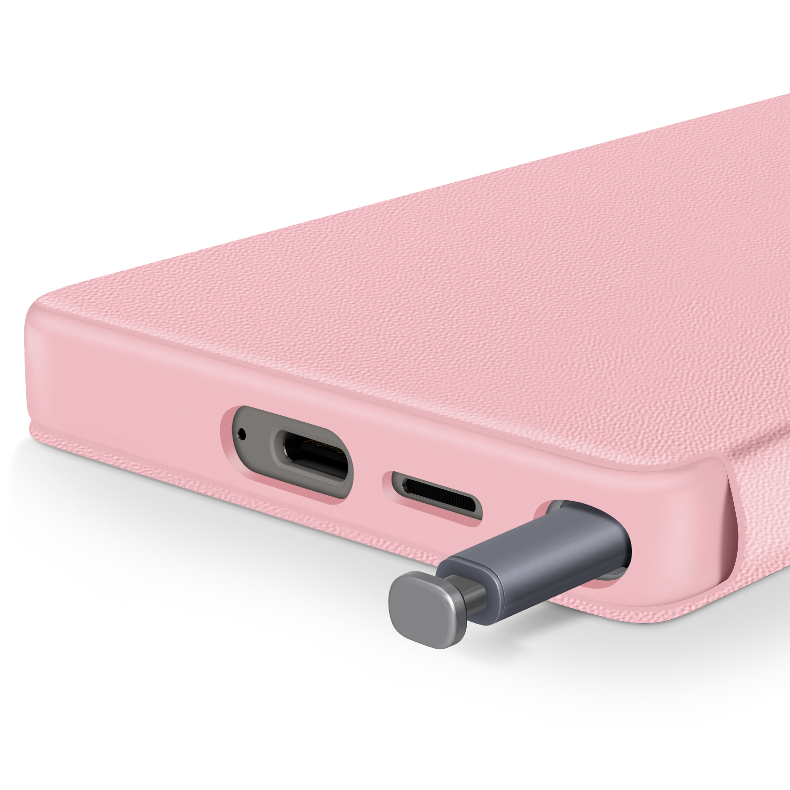 Custodia rosa per telefono con stilo inserito. Presenta una porta di ricarica.