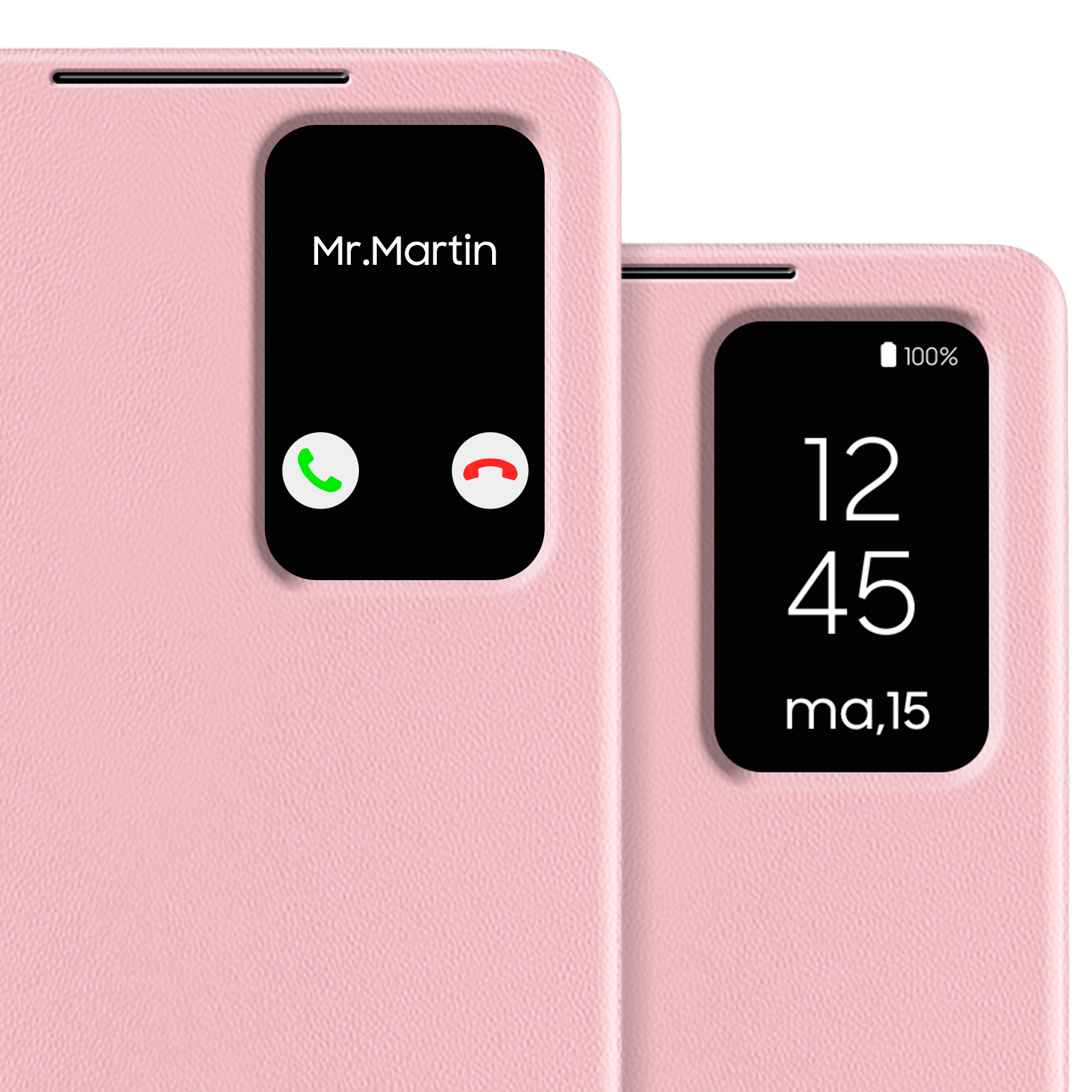 Una custodia per telefono rosa con una finestra che mostra una chiamata da 'Mr. Martin' e l'ora e la percentuale della batteria.
