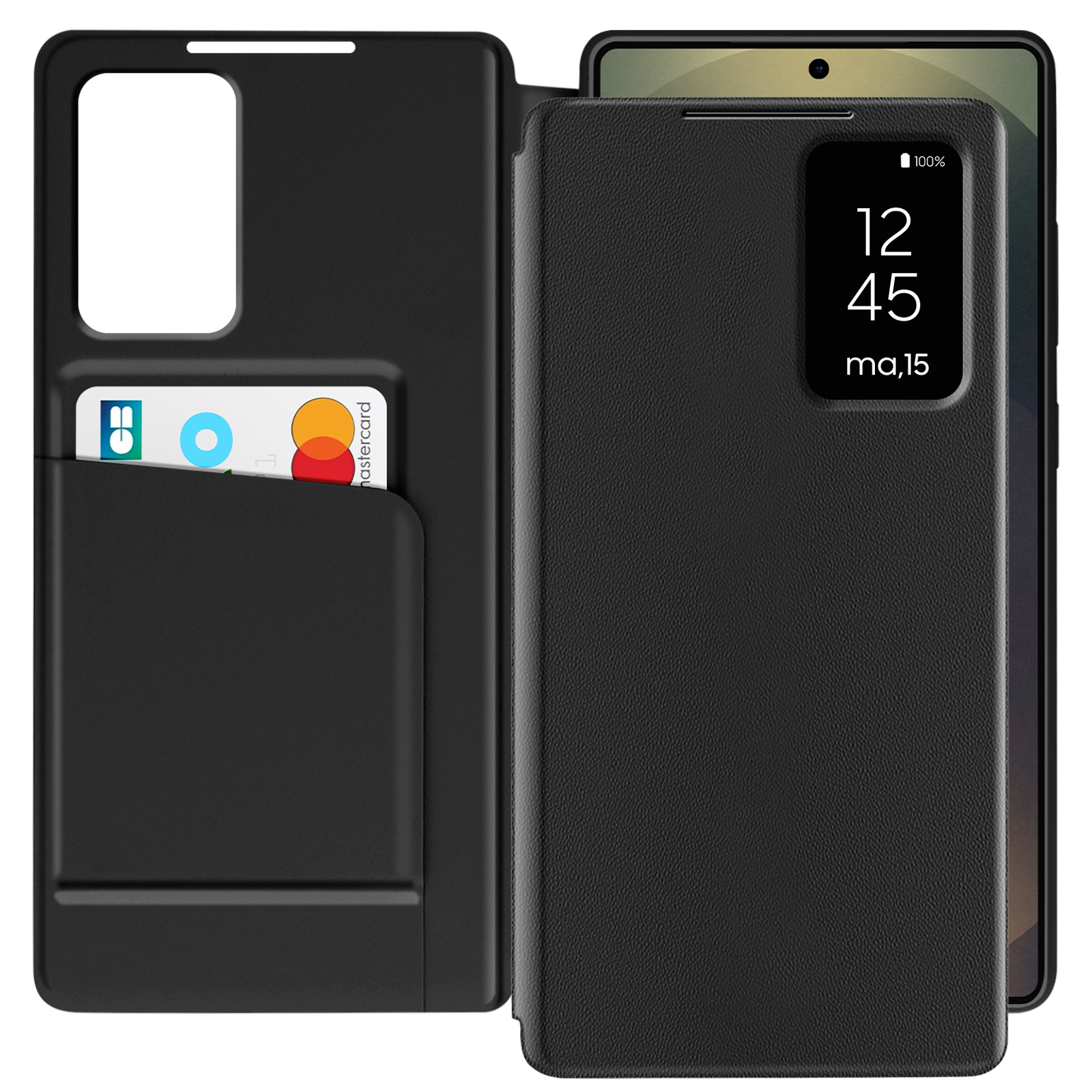 Étui de téléphone noir avec un téléphone à l'intérieur. Heure et date sur l'écran.