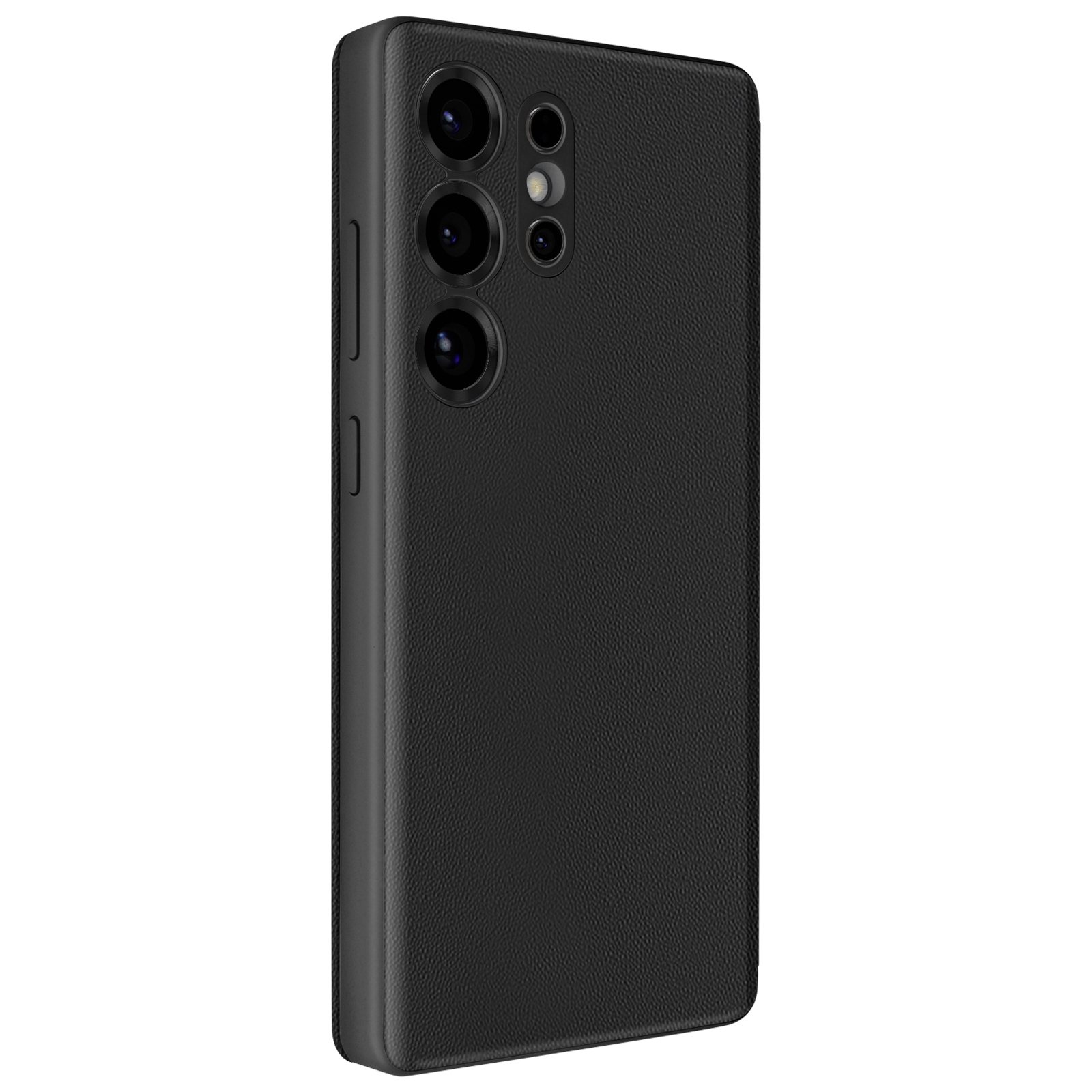 Téléphone noir avec trois caméras à l'arrière, étui texturé en cuir.
