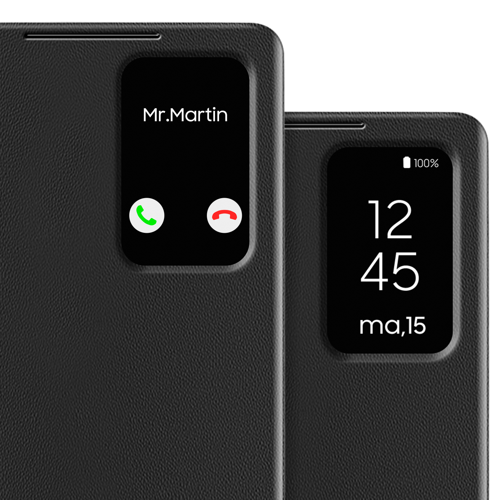 Deux étuis de téléphone noirs montrant une interface d'appel avec un nom et des boutons, et une horloge avec date.