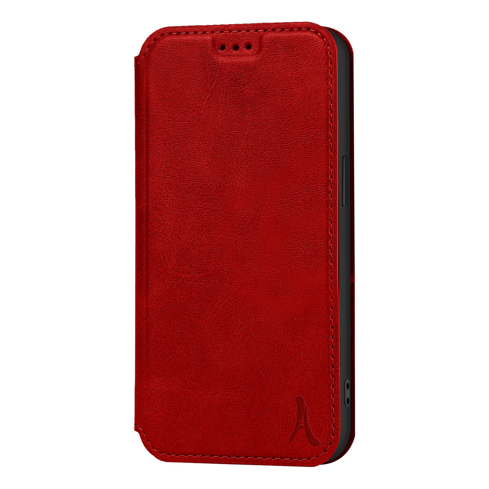 Custodia per telefono in pelle rossa con bordo scuro e piccolo logo in basso.
