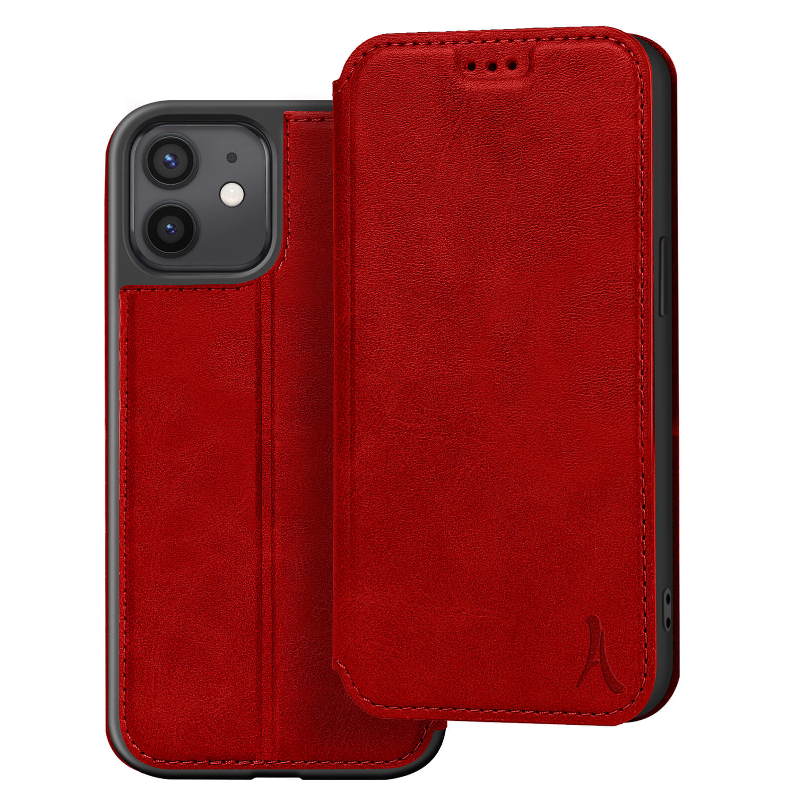 Custodia per telefono rossa aperta, che rivela il telefono. La custodia e il telefono sono su una superficie bianca.
