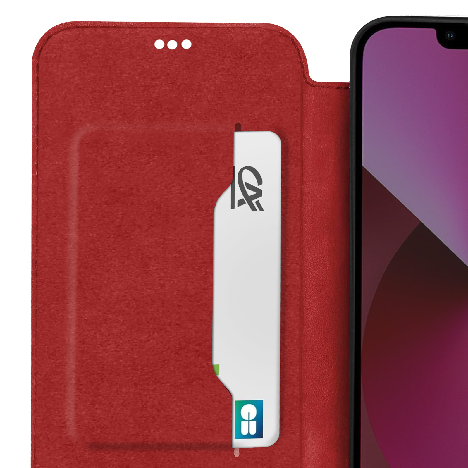 Custodia per telefono rossa con fessura per carte, una carta bianca e un telefono con schermo viola.