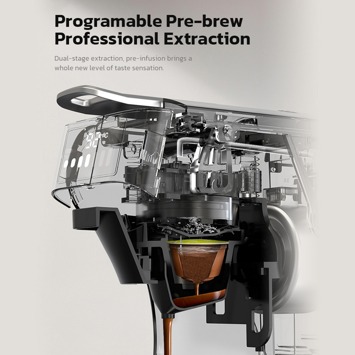 Querschnitt einer Kaffeemaschine. Kaffee tropft in eine Tasse. Text: Programmierbare Vorbrühung Professionelle Extraktion.