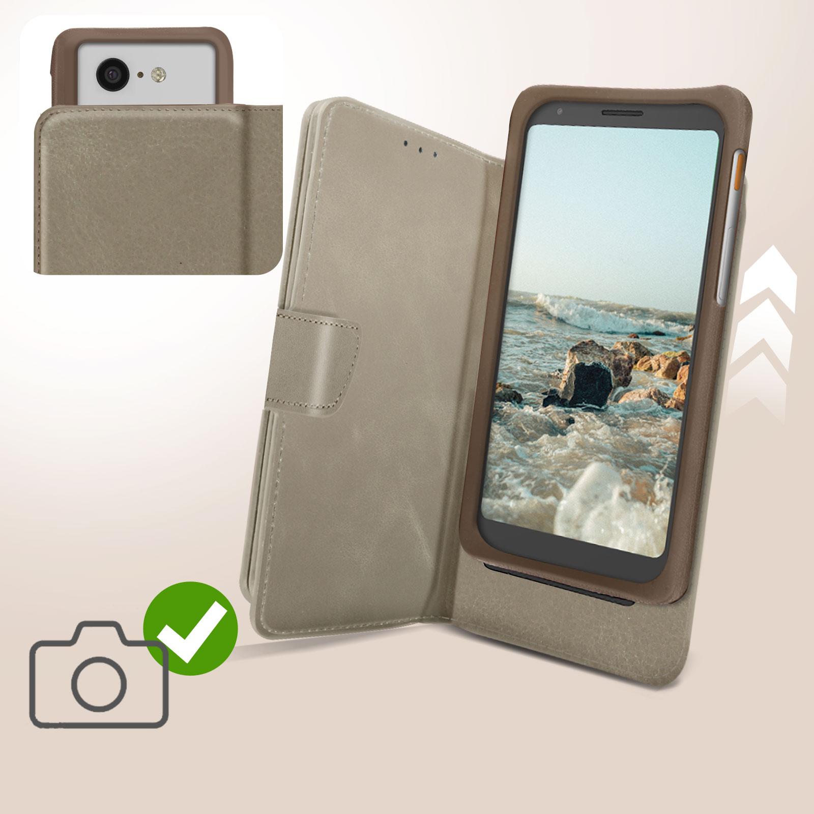Telefono in custodia di pelle beige, con immagine di spiaggia.