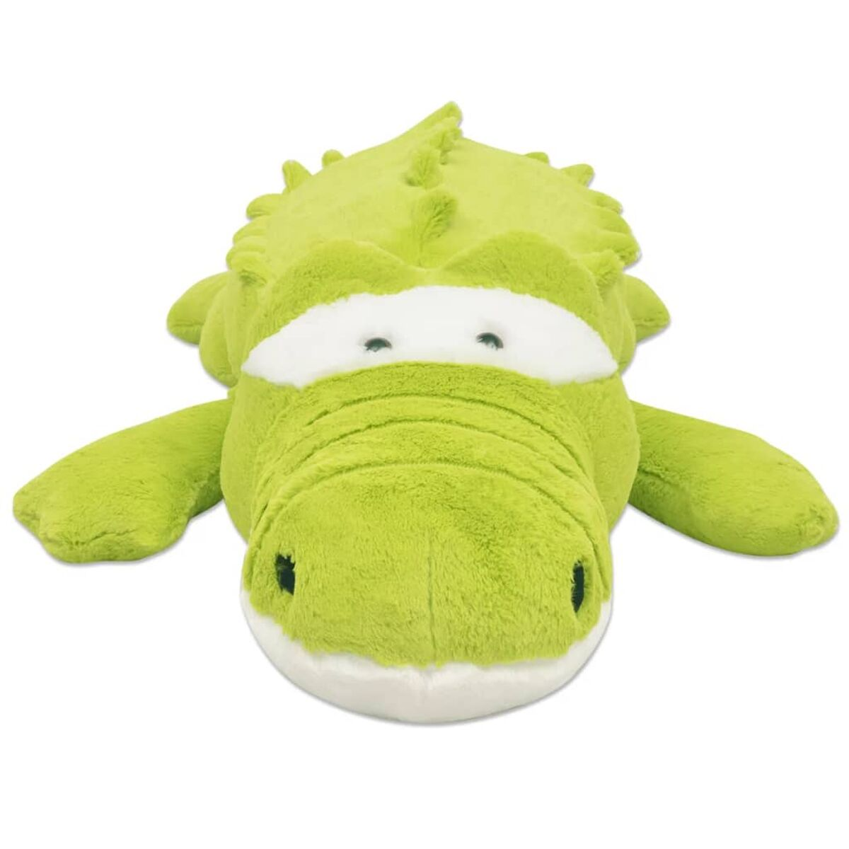 Ein Plüschtierkrokodil in Grün. Es liegt flach auf einer weißen Oberfläche. Die Augen sind weiß.