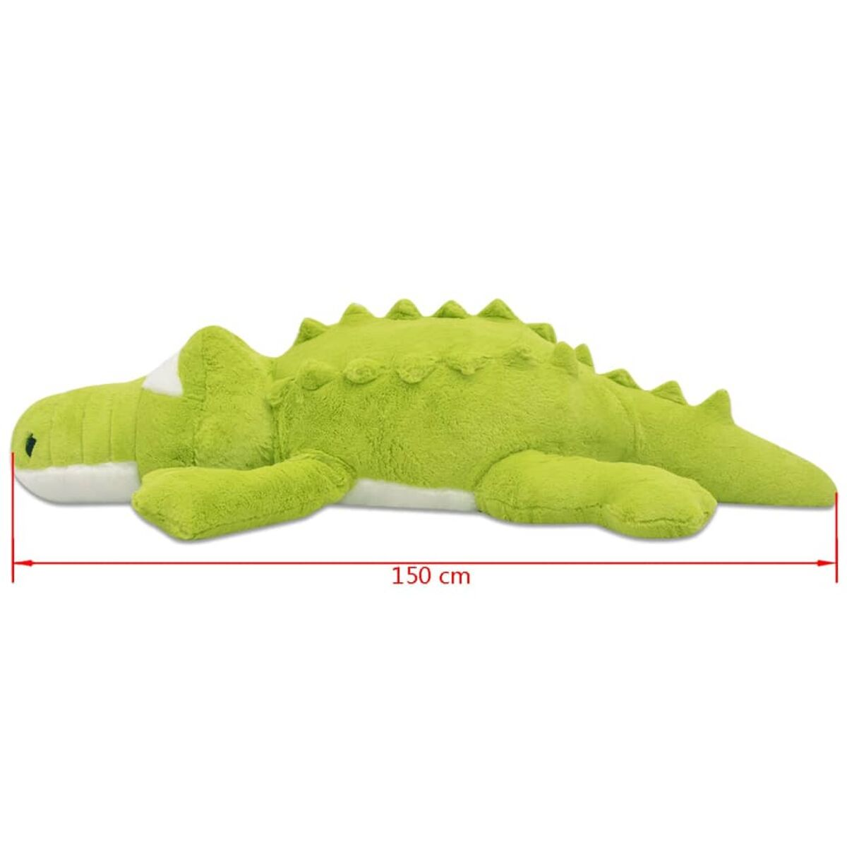 Ein grünes Krokodil-Plüschtier, liegend, mit Maßangabe.