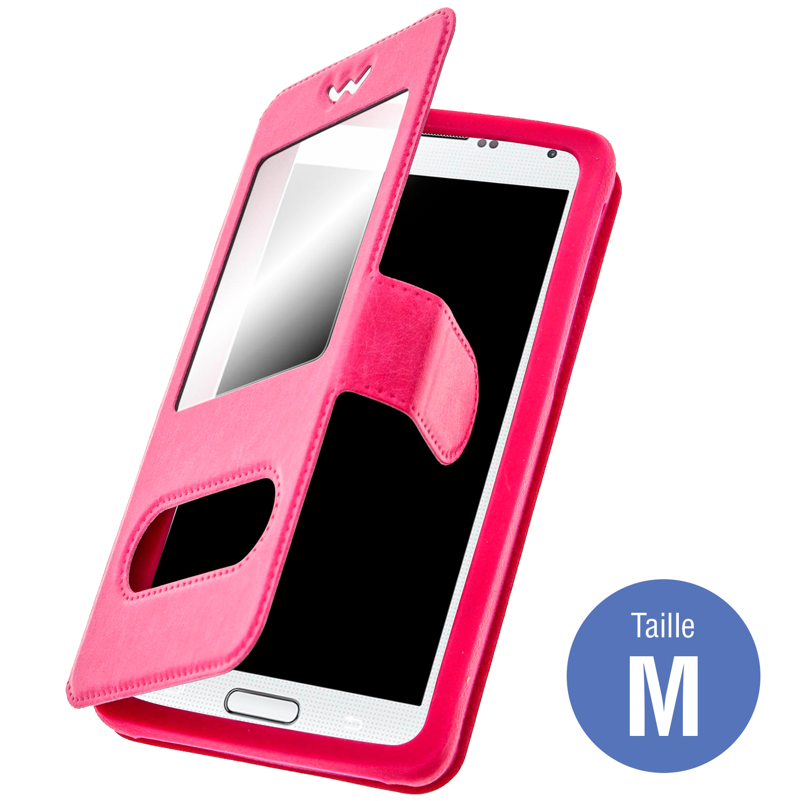 Custodia rosa con finestra aperta. Telefono dentro. Logo taglia M. Custodia su sfondo bianco.