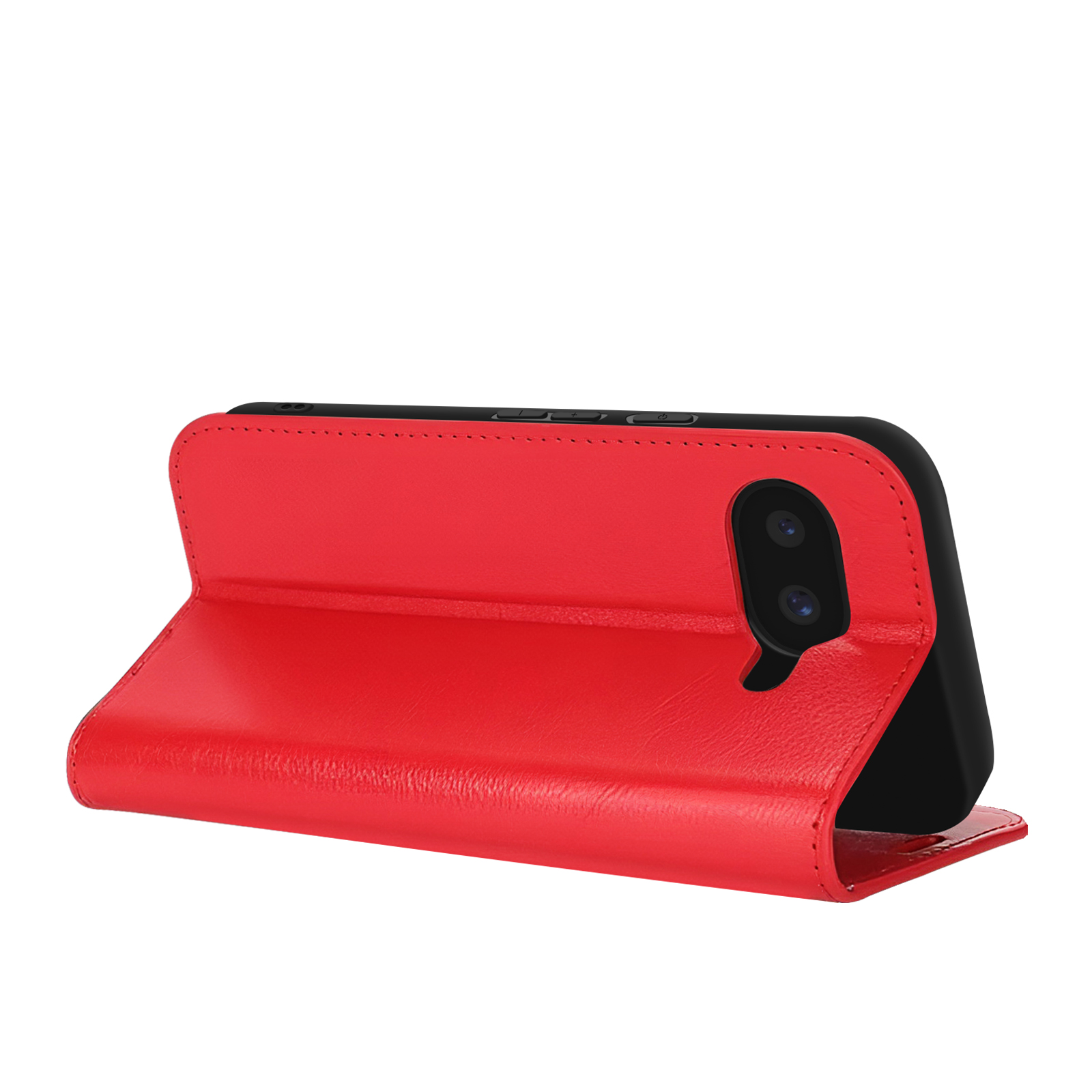 Una custodia per telefono rossa con interno nero, aperta per mostrare il telefono. Texture in pelle visibile.