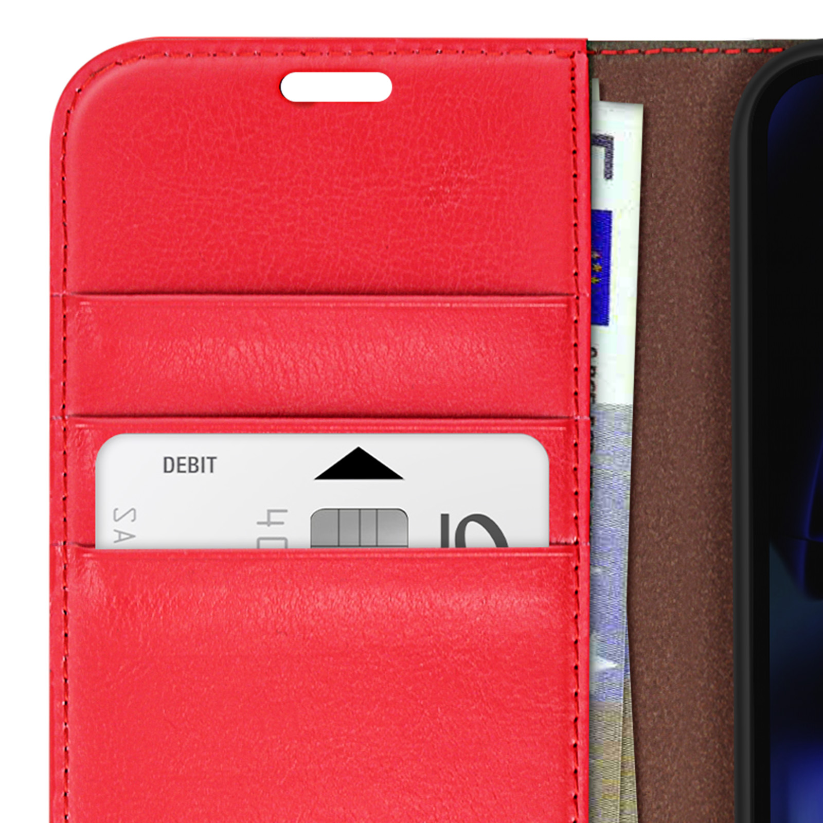 Interno della custodia rossa del telefono con fessure per carte e denaro. Carta di debito visibile.