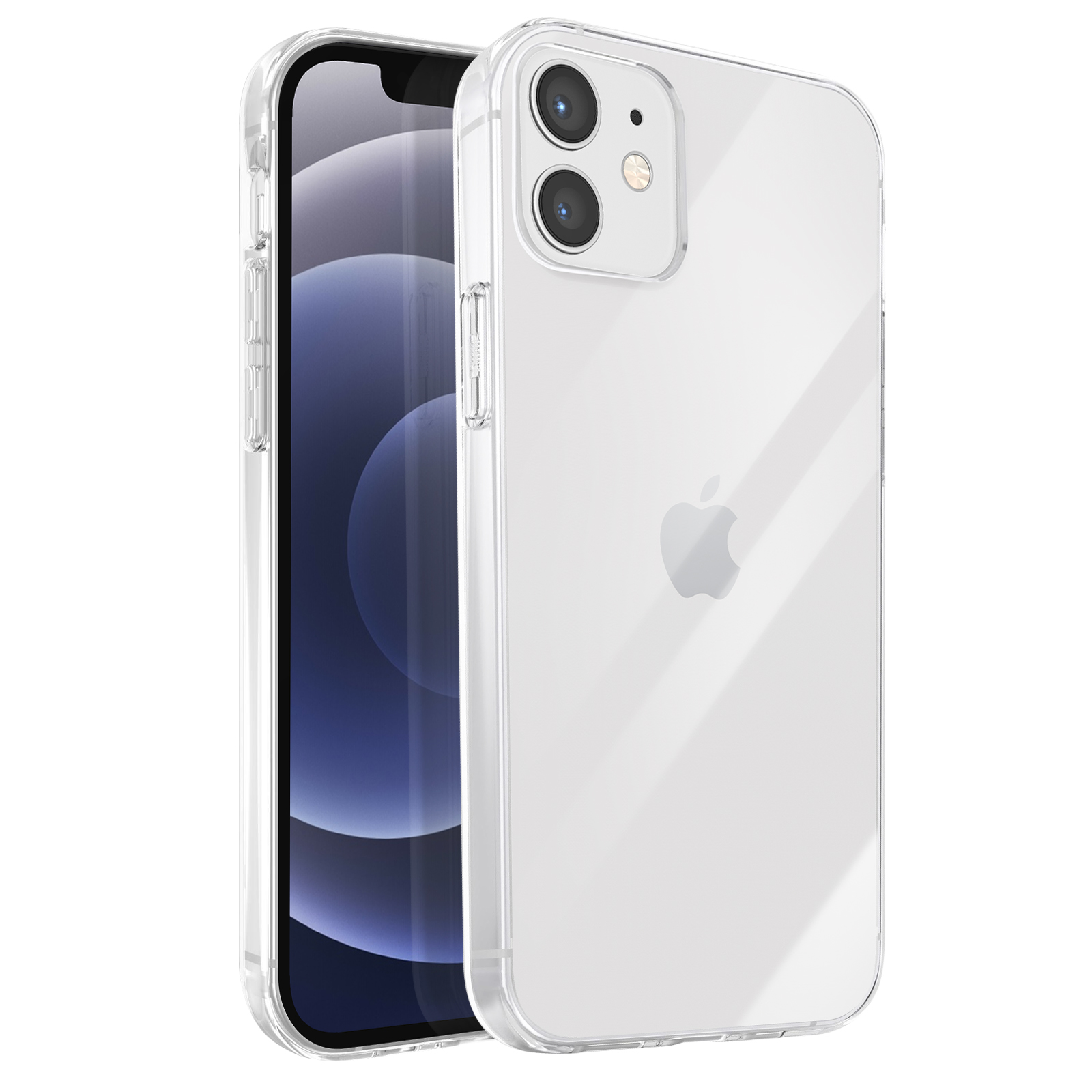 Una custodia trasparente per telefono sopra un iPhone. Il telefono ha un retro bianco e una fotocamera.
