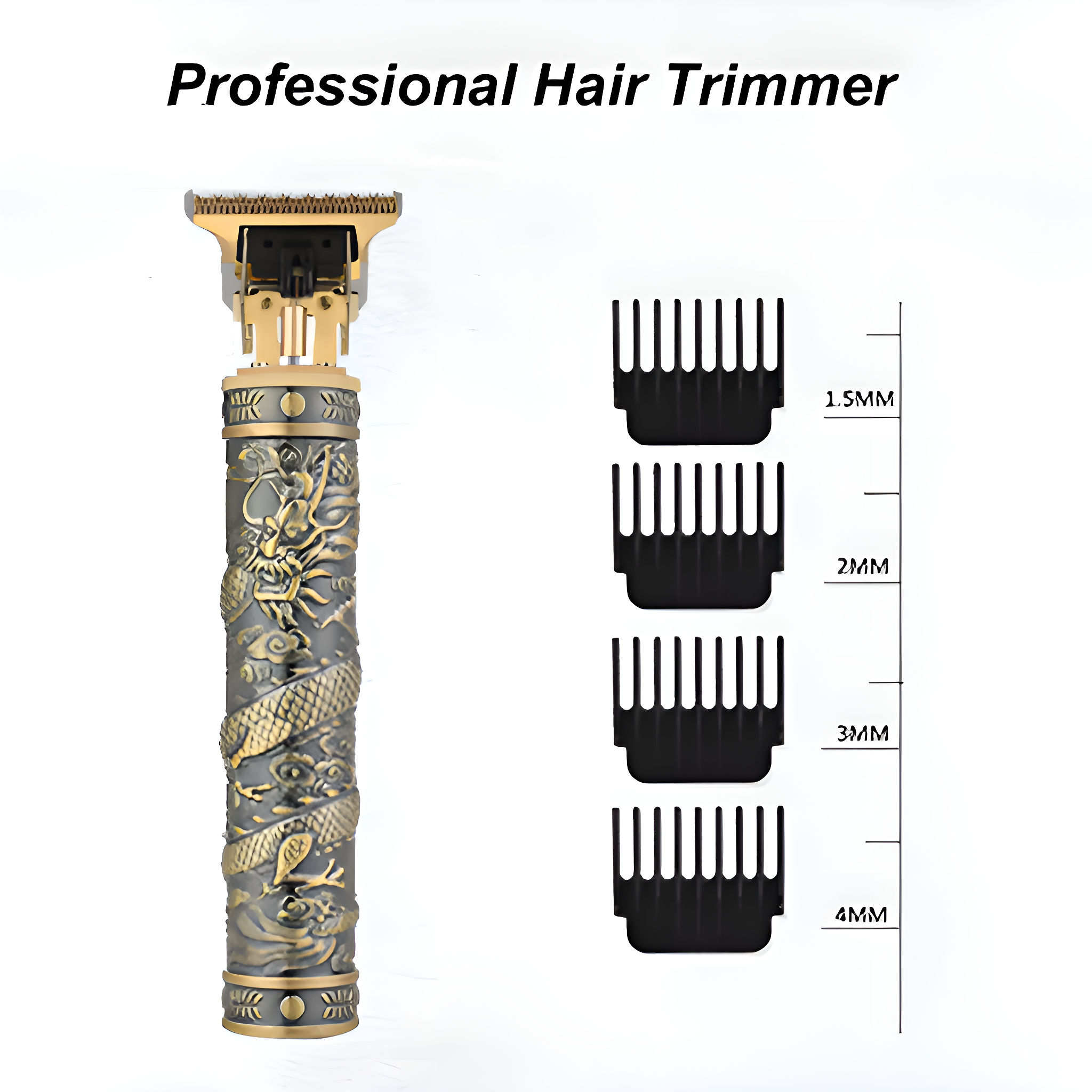 Professioneller Haarschneider mit einem Gold- und Bronze-Drachen-Thema-Design mit verschiedenen Führungskämmen.