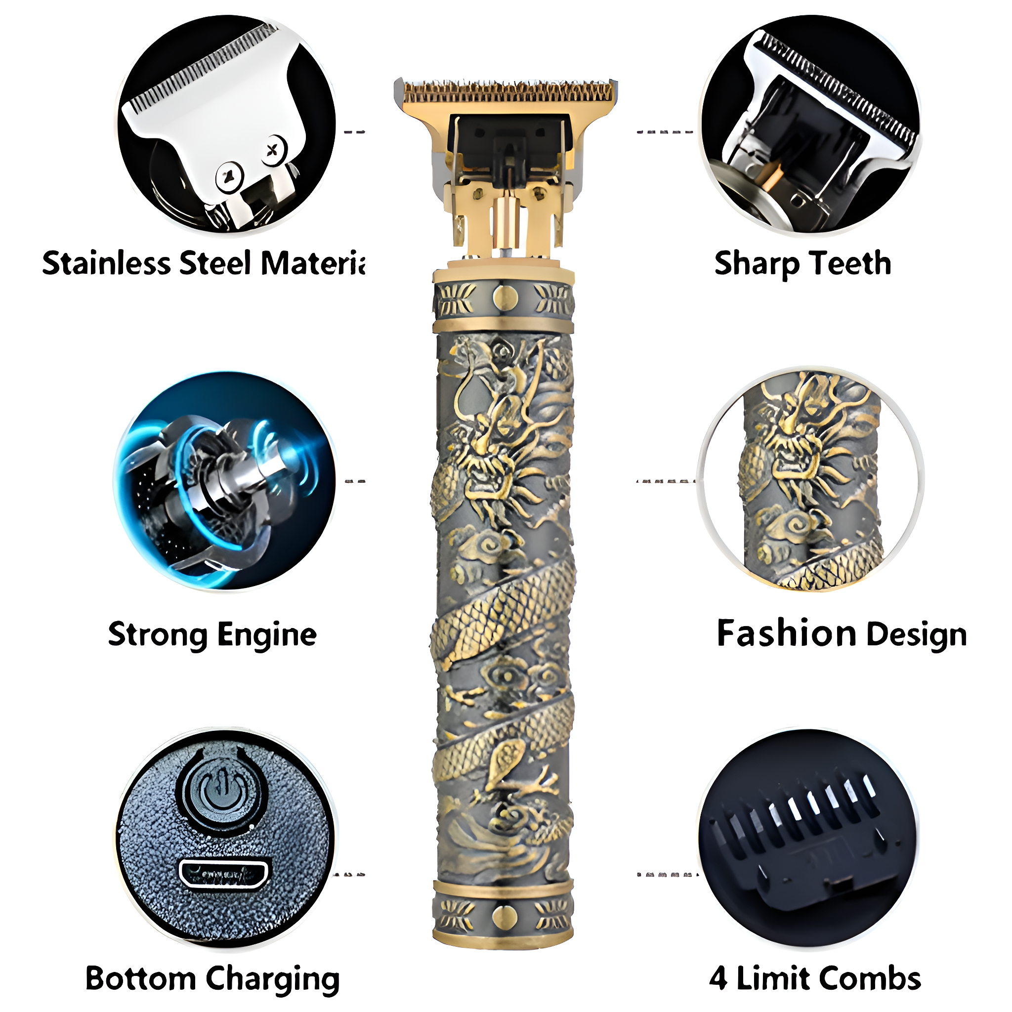Ein gold-schwarzer Haarschneider mit detaillierten Diagrammen seiner Teile. Drachendesign am Körper.