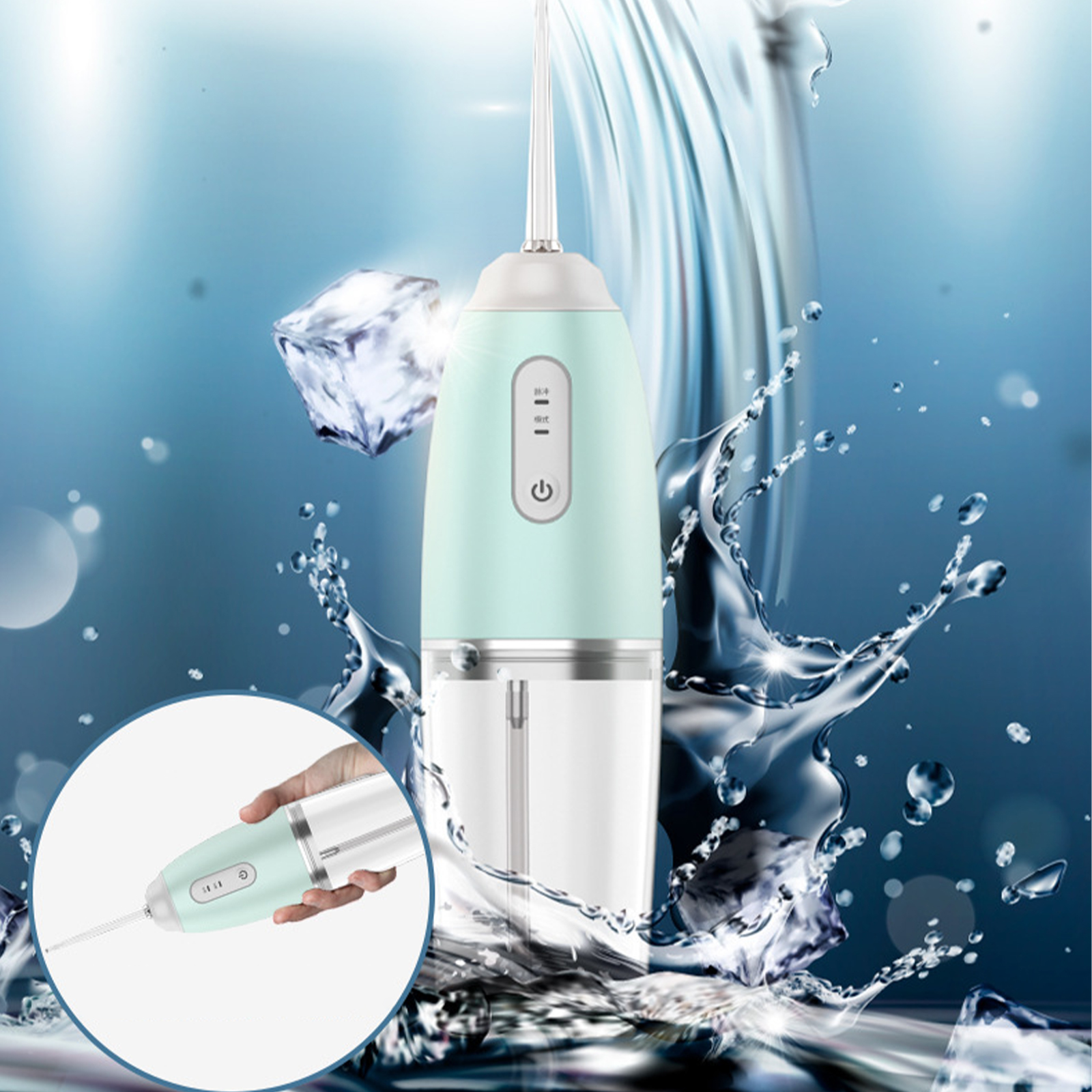 Ein blau-weißer Wasserflosser mit Wasserspritzern und eine Hand, die eine Mini-Version hält.