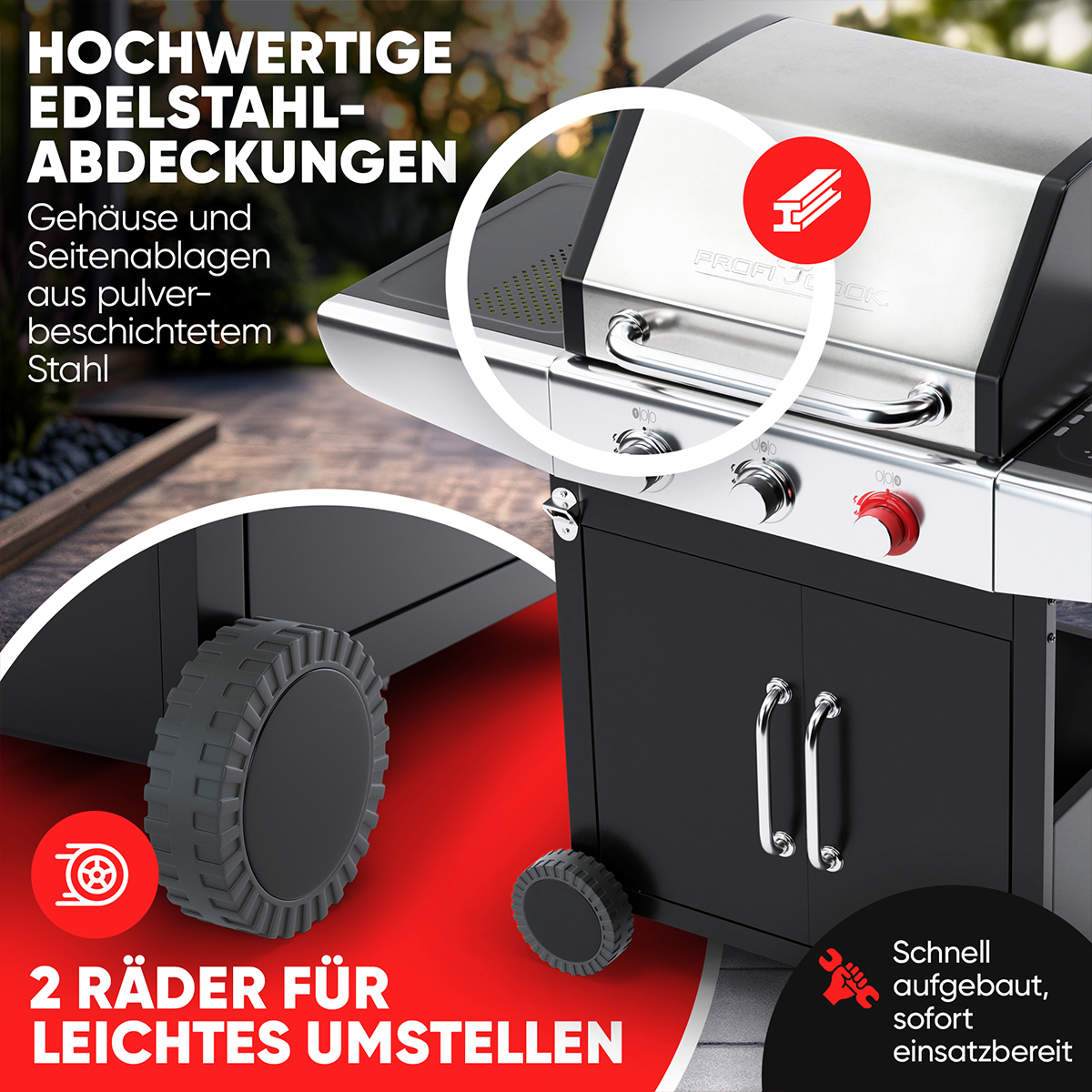 Nahaufnahme eines schwarzen und silbernen Grills mit rotem Logo und Rädern.