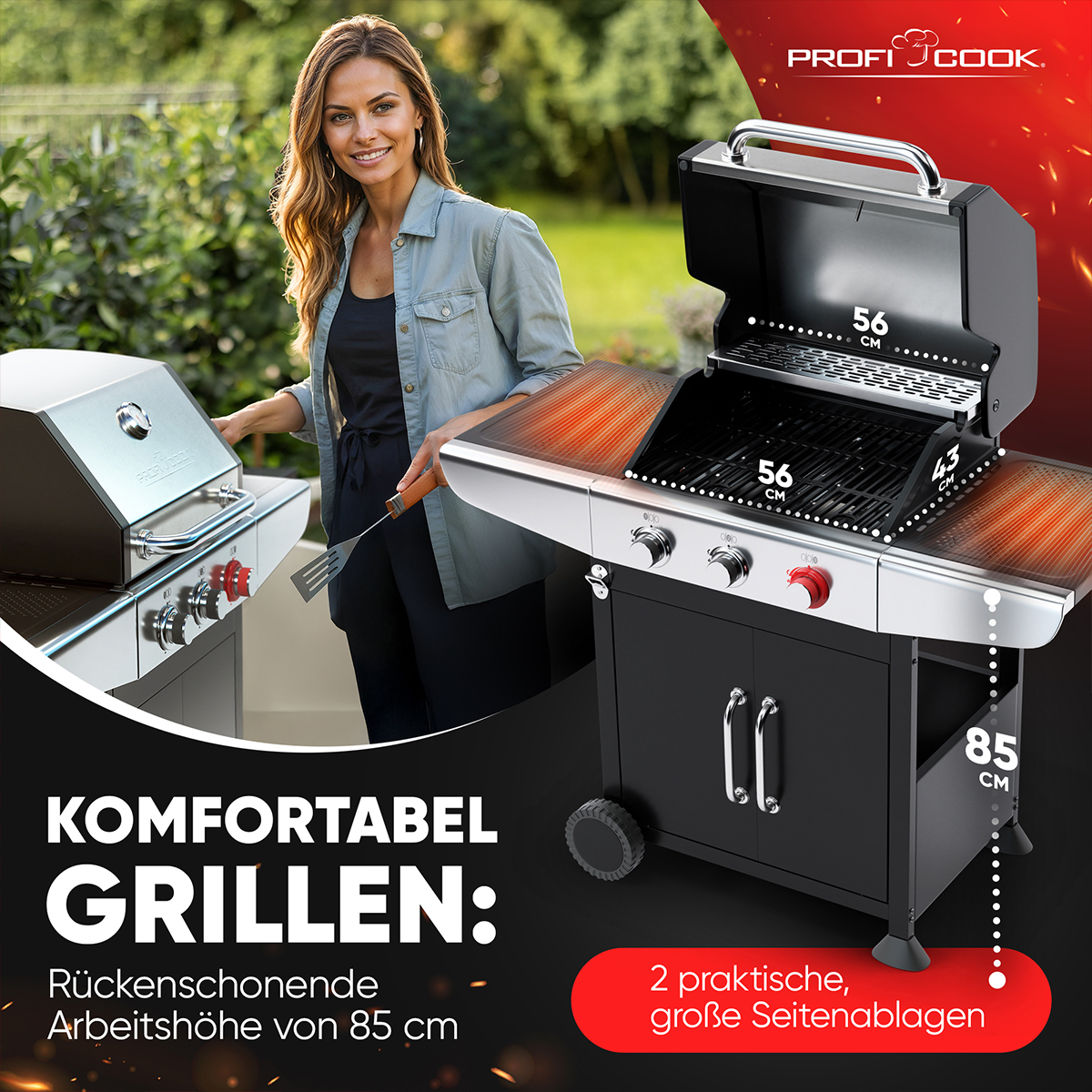 Eine Frau lächelt neben einem Grill. Der Grill ist schwarz mit rotem Knopf, 2 Ablagen und komfortabler Höhe.
