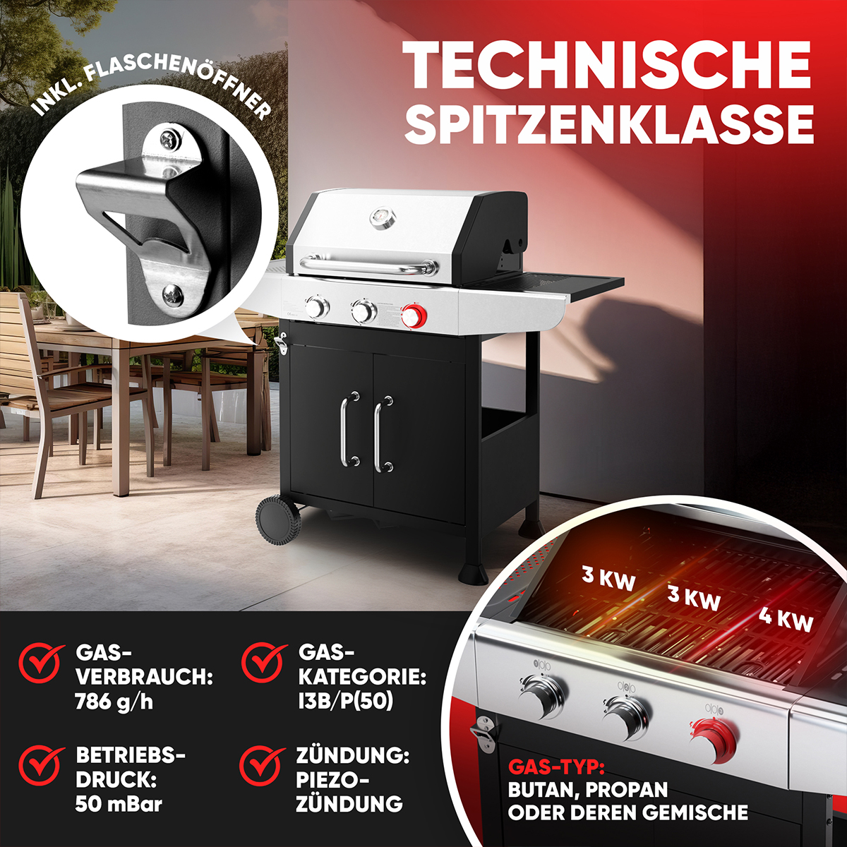 Gasgrill mit Funktionen wie Flaschenöffner, Gasverbrauch und Piezozündung.