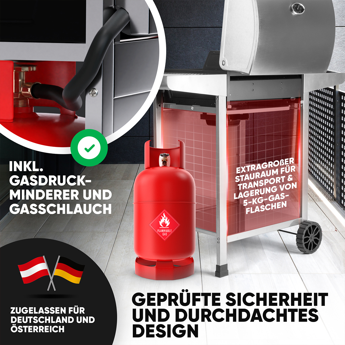 Roter Gastank neben Grill, mit Etiketten, Flaggen und Sicherheitsdesign.