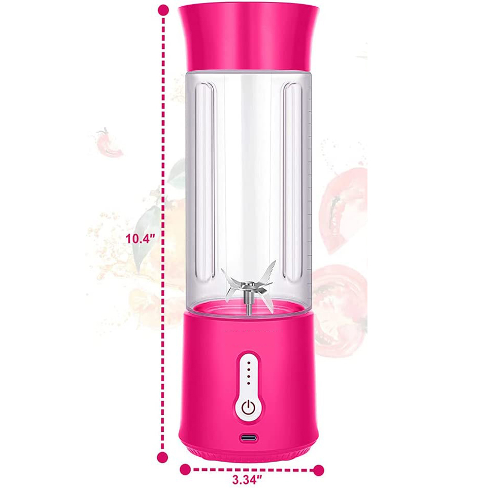 Pinkfarbener tragbarer Mixer mit Messbeschriftungen.