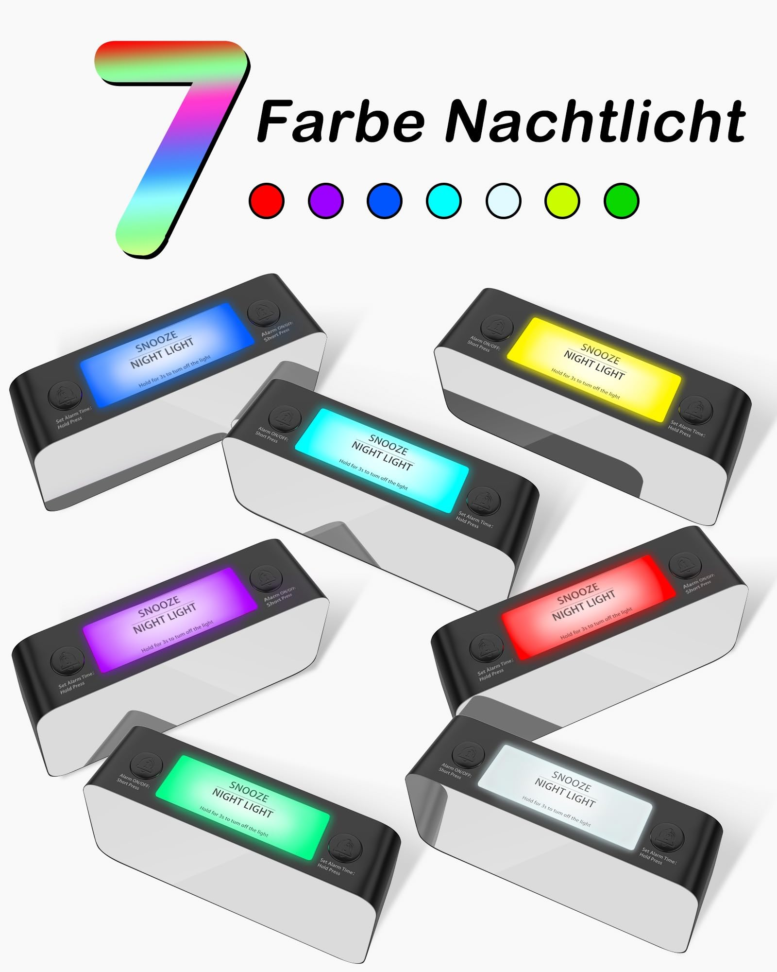 Sieben Wecker, die jeweils ein farbiges Nachtlicht anzeigen.