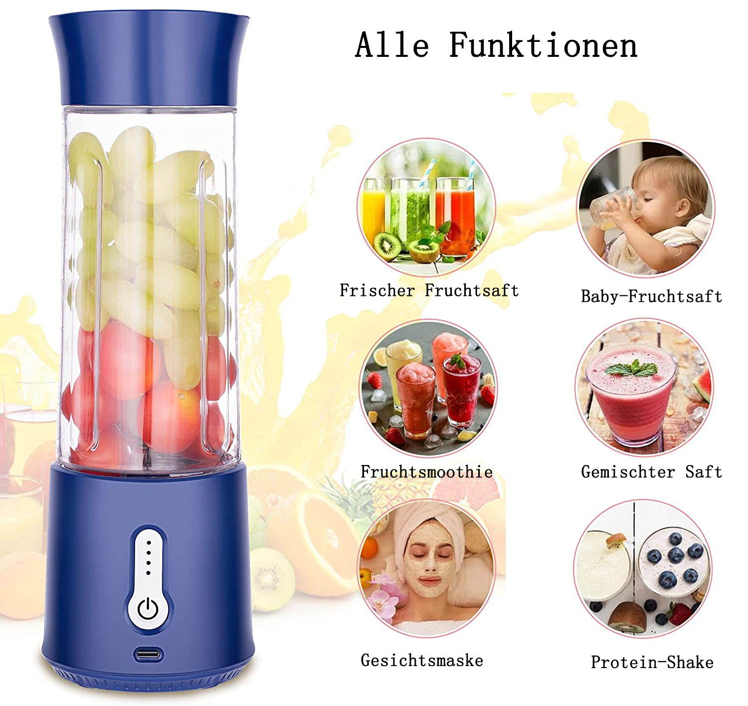 Ein blauer Mixer mit Früchten. Es gibt Bilder von Getränken und anderen Verwendungen drumherum.