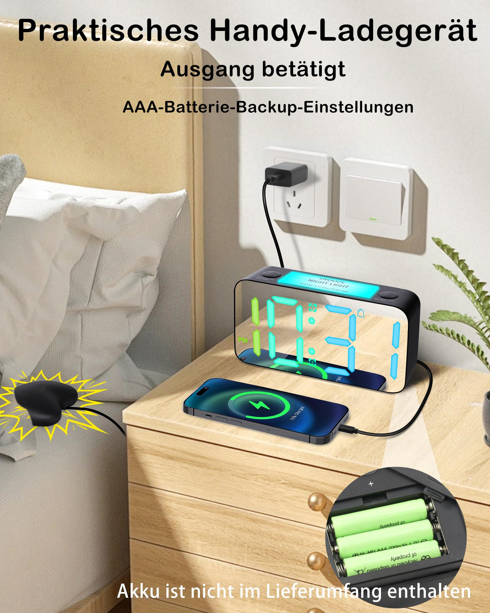 Ein Nachttisch mit ladendem Telefon und Digitaluhr. Die Uhr zeigt die Zeit und hat Batterien.