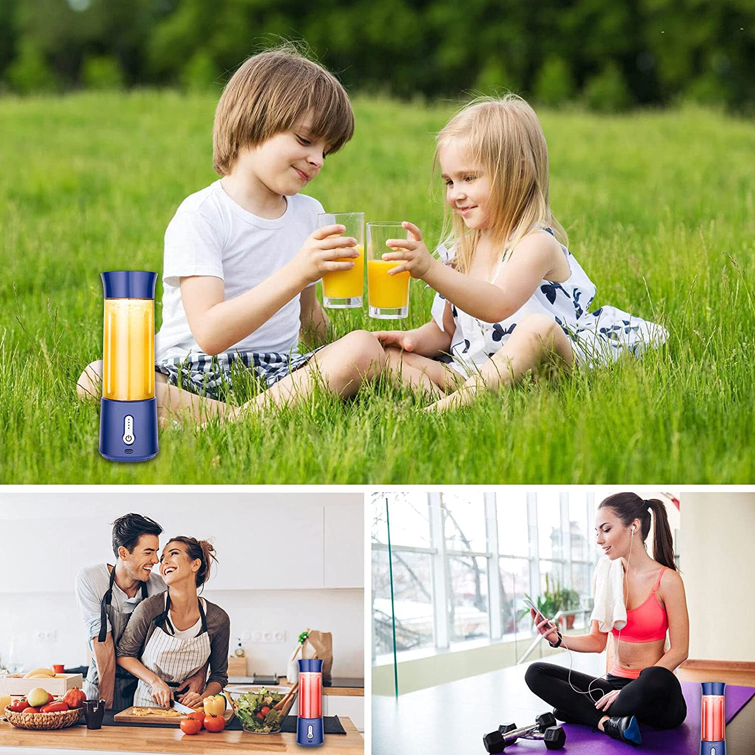 Kinder stoßen draußen mit Saft an. Zusätzliche Aufnahmen zeigen Kochen und Sport.