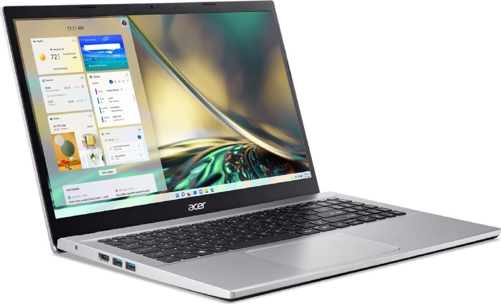 Silberner Laptop geöffnet, zeigt einen Bildschirm, der ein Wetter-Widget, Kalender und andere App-Symbole anzeigt.