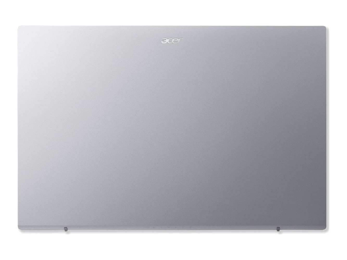 Draufsicht auf einen silbernen Laptop mit Acer-Logo auf weißem Hintergrund.