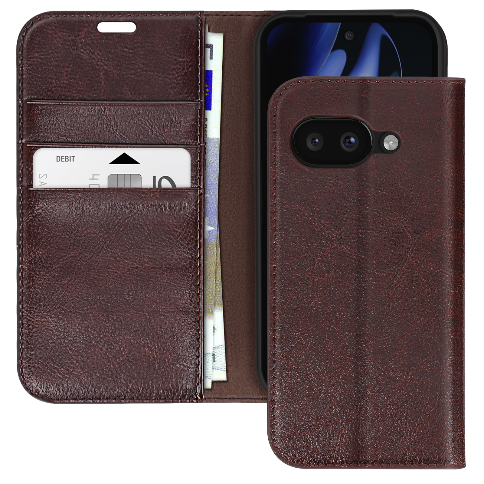 Étui de téléphone en cuir marron foncé avec fentes pour cartes, carte de débit et smartphone.