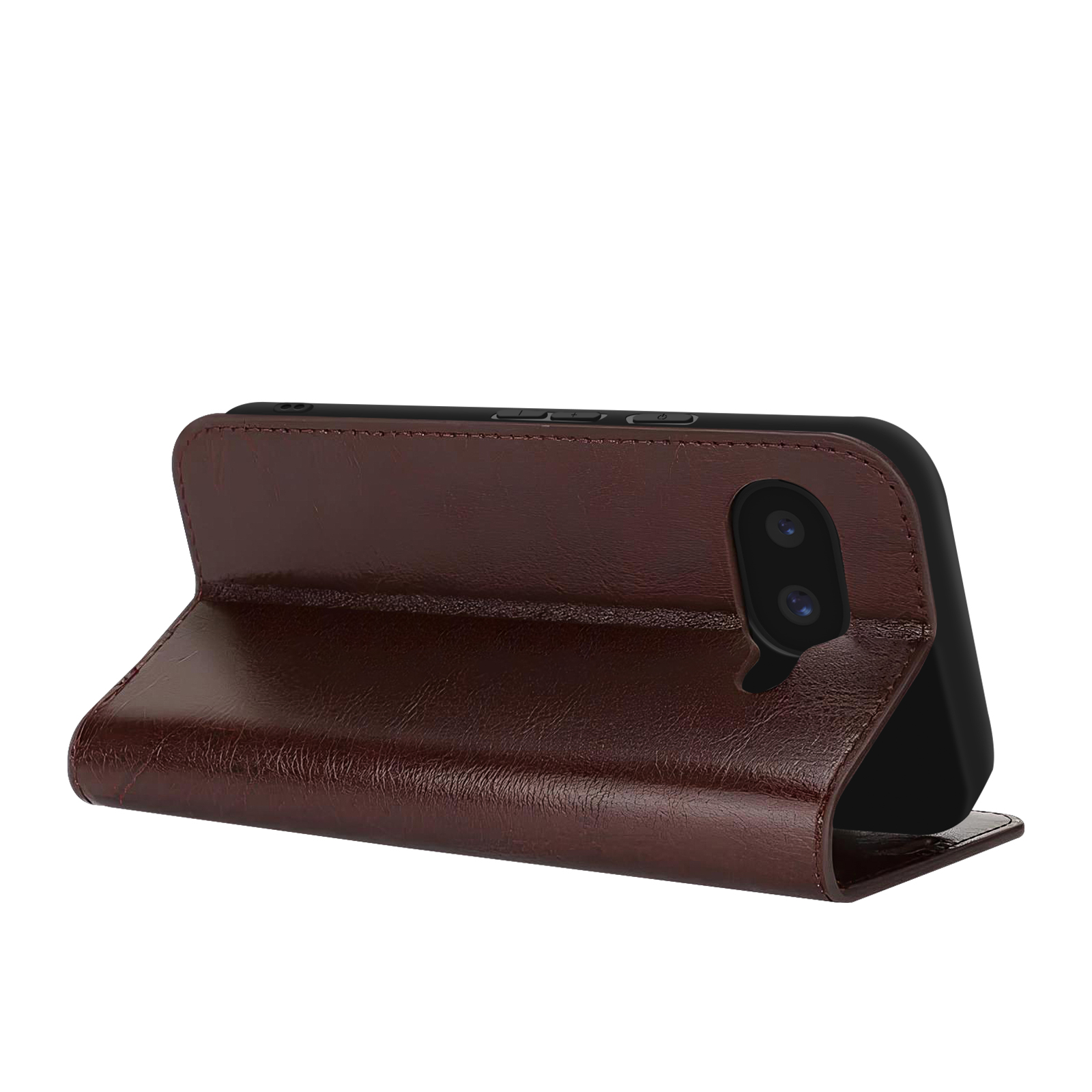 Un étui de téléphone en cuir marron ouvert, révélant un téléphone noir.