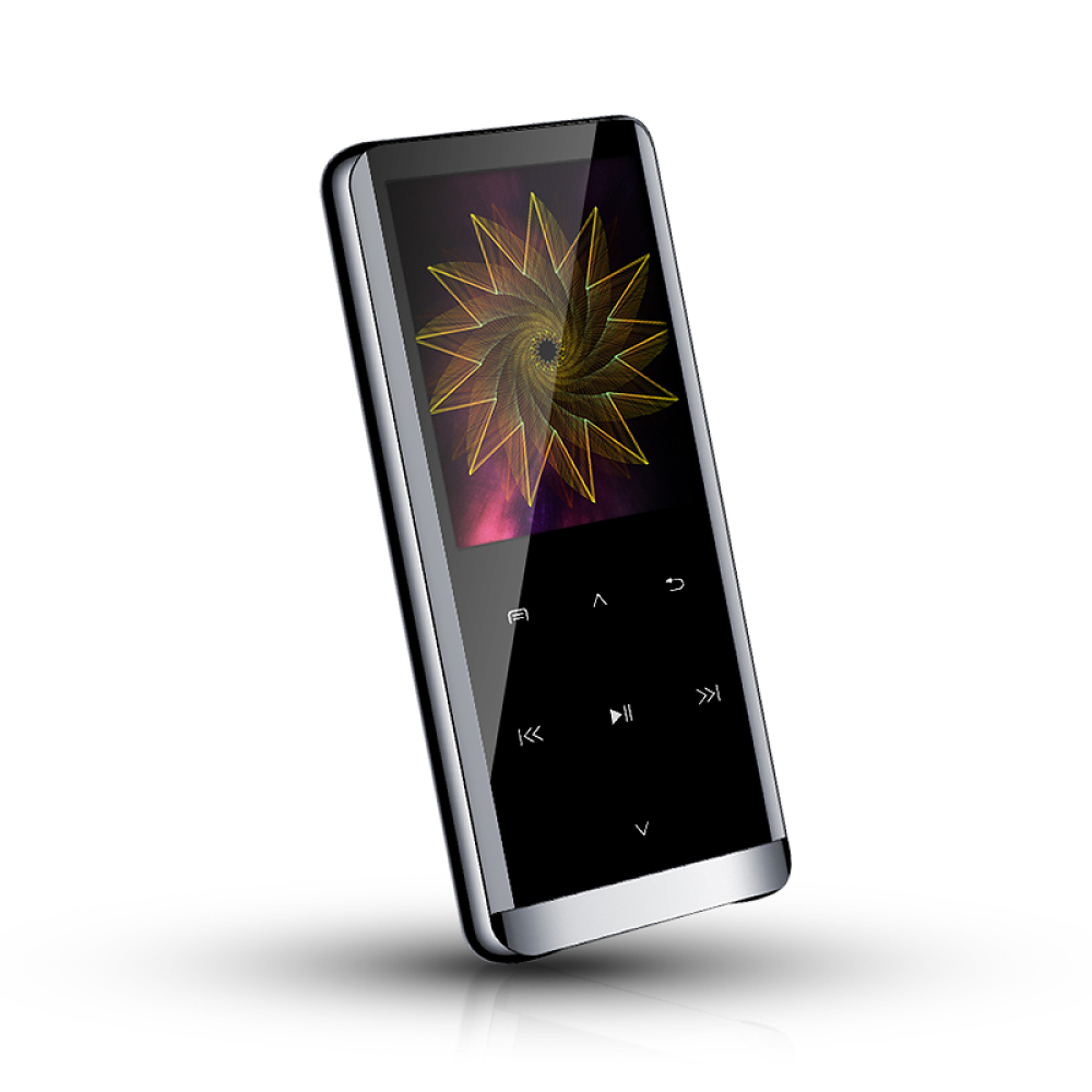 Schwarz-silberner MP3-Player, abgewinkelt. Der Bildschirm zeigt ein gelbes Spiraldesign.