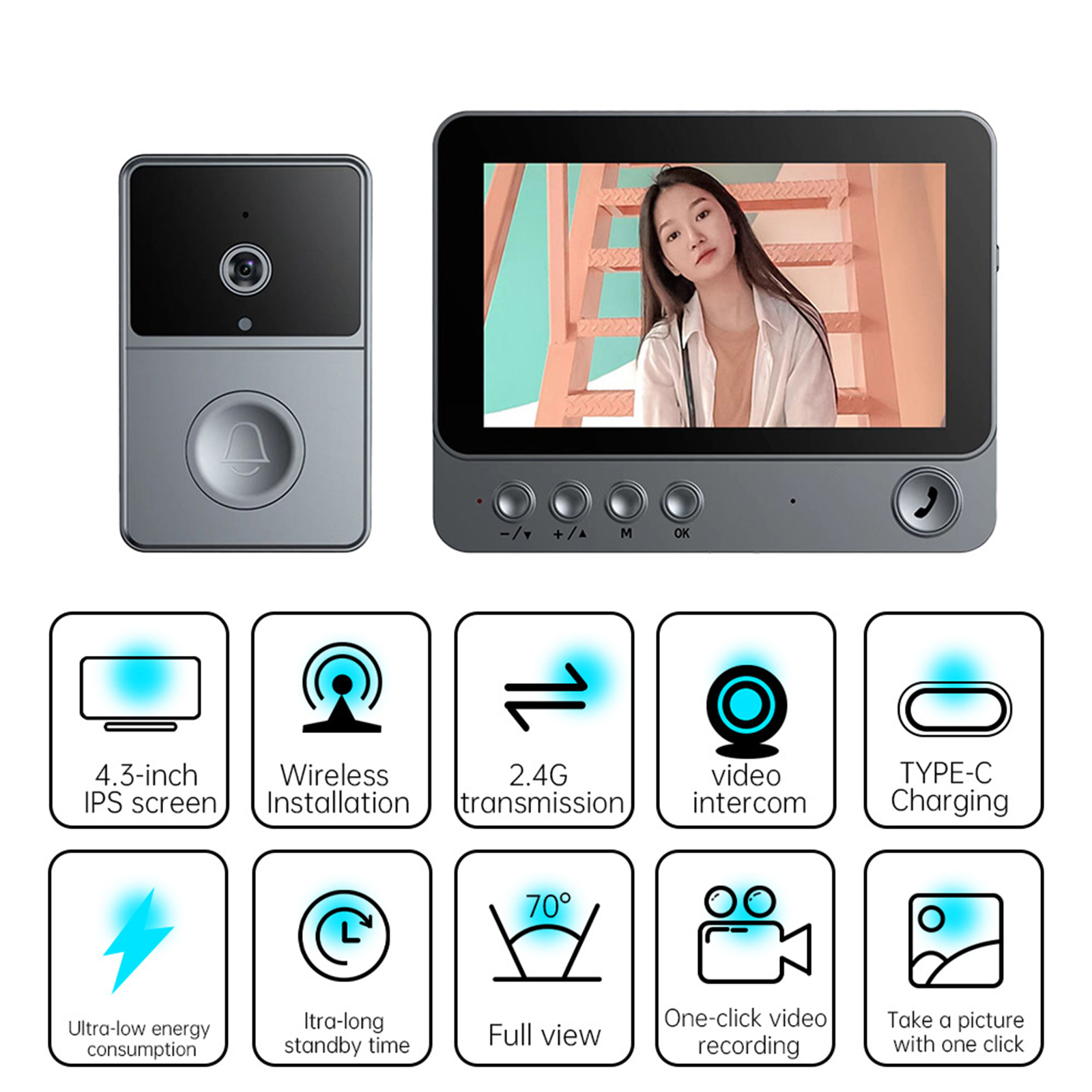 Türklingel mit Bildschirm. Merkmale sind 4,3-Zoll-Bildschirm, drahtlose Installation, 2,4G-Übertragung und Video-Gegensprechanlage.