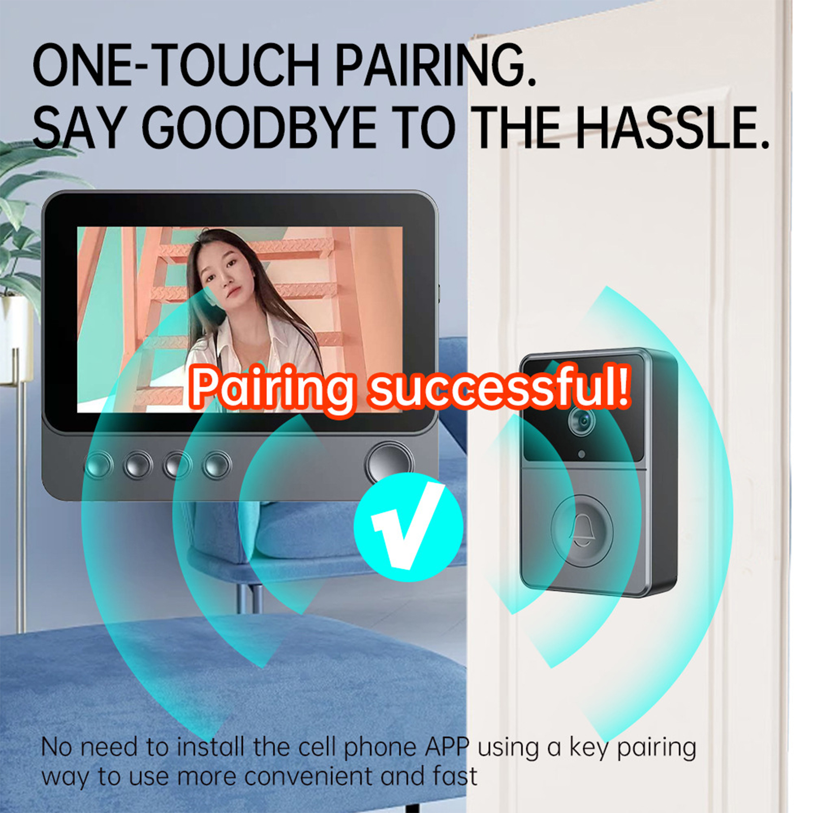 Eine Video-Türklingel, die mit einem Bildschirm gekoppelt ist. Text: 'Pairing successful!' und 'ONE-TOUCH PAIRING'.