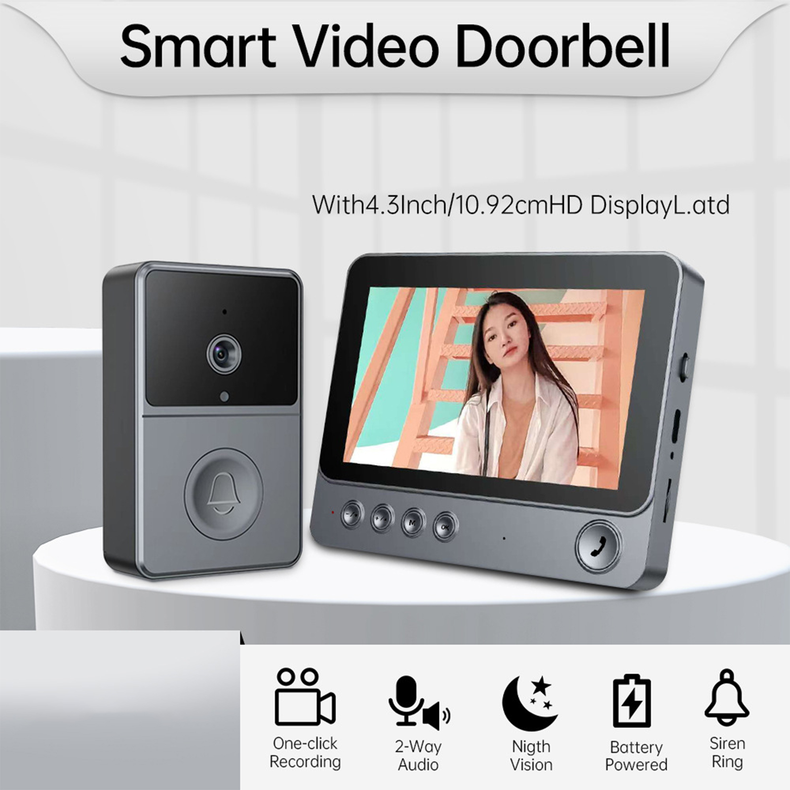 Smarte Video-Türklingel mit Display und Klingel. Symbole für Funktionen werden angezeigt.