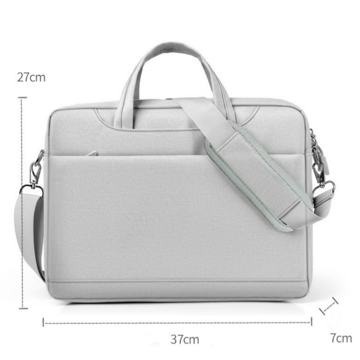 Eine graue Laptoptasche mit Griffen und Schulterriemen, mit abgebildeten Maßen.