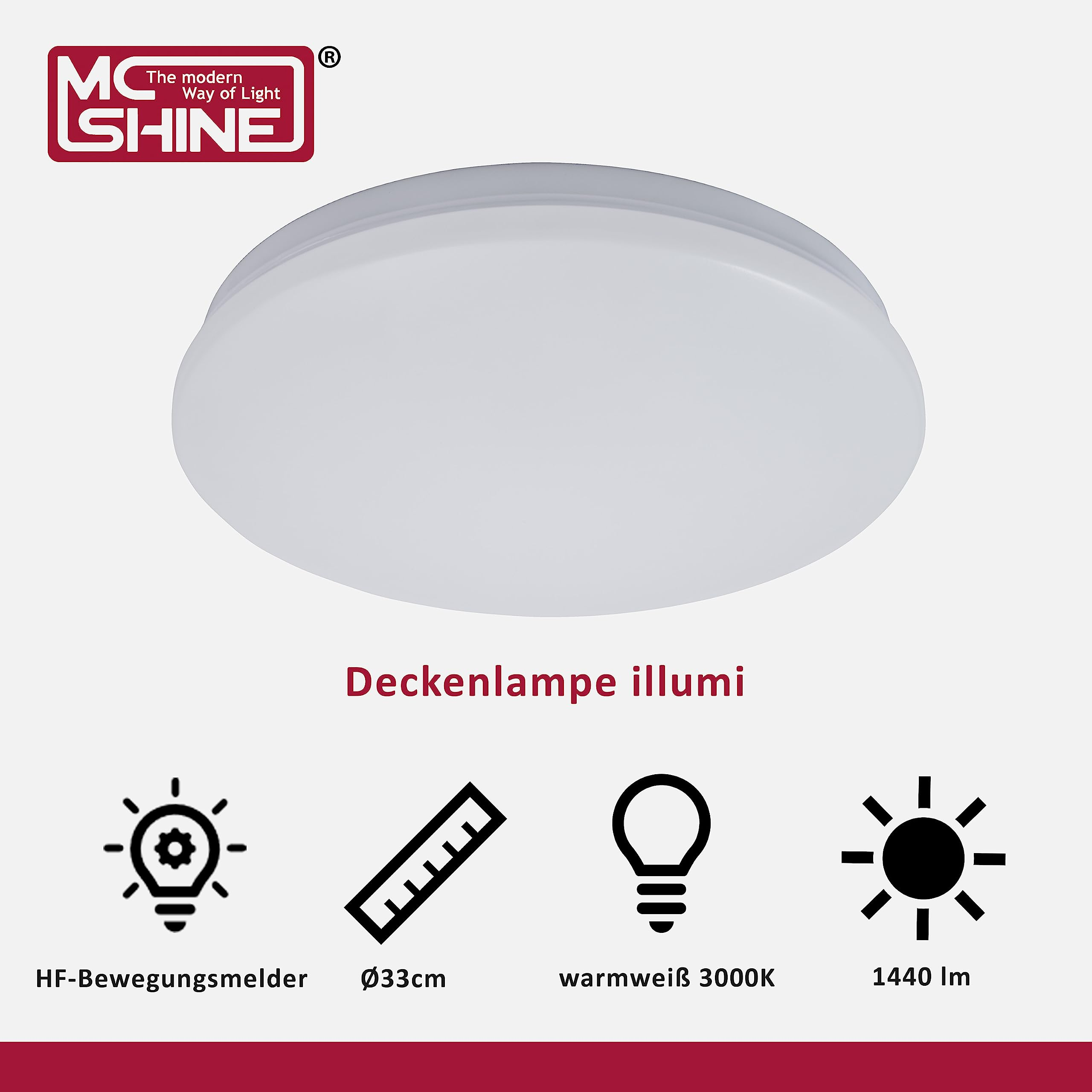Weiße runde Deckenleuchte mit Symbolen darunter, einschließlich Glühbirne, Lineal und Sonne, und dem Text 'illumi'.