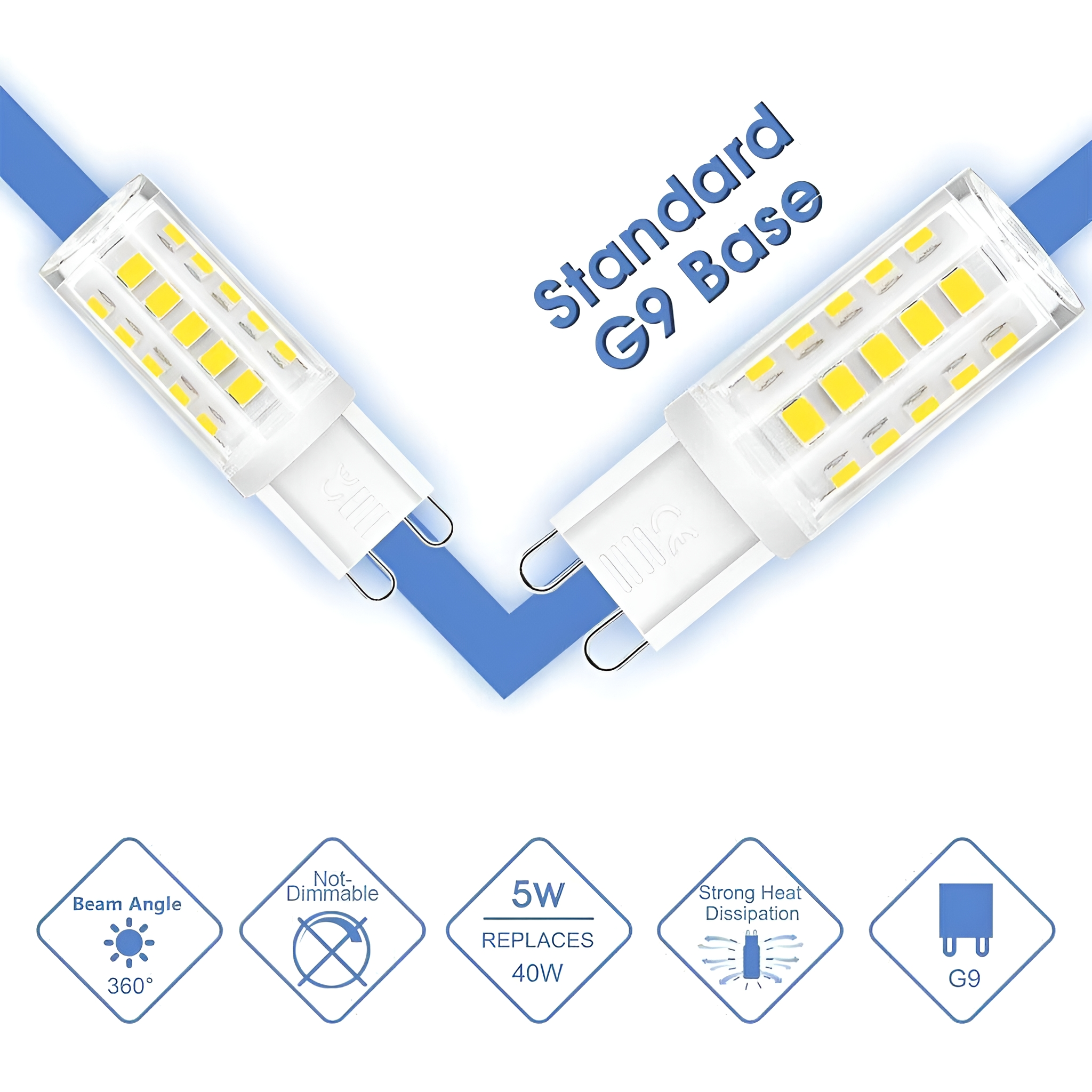 Zwei G9-Sockel-LED-Glühbirnen mit Details zu Abstrahlwinkel, Dimmung und Wattzahl.