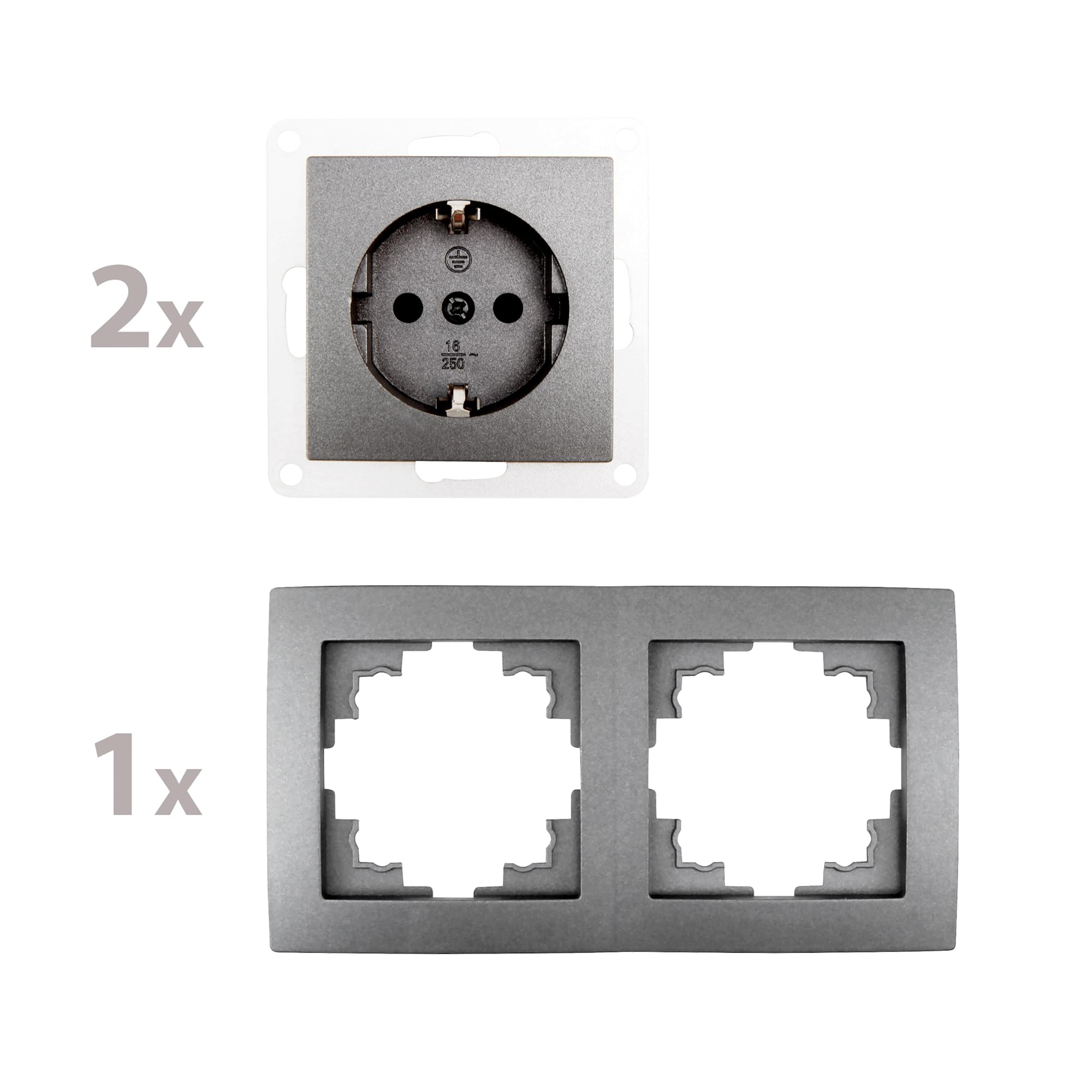 Zwei Steckdosen und zwei Frontplatten. Die Steckdosen sind grau und die Frontplatten ebenfalls grau.