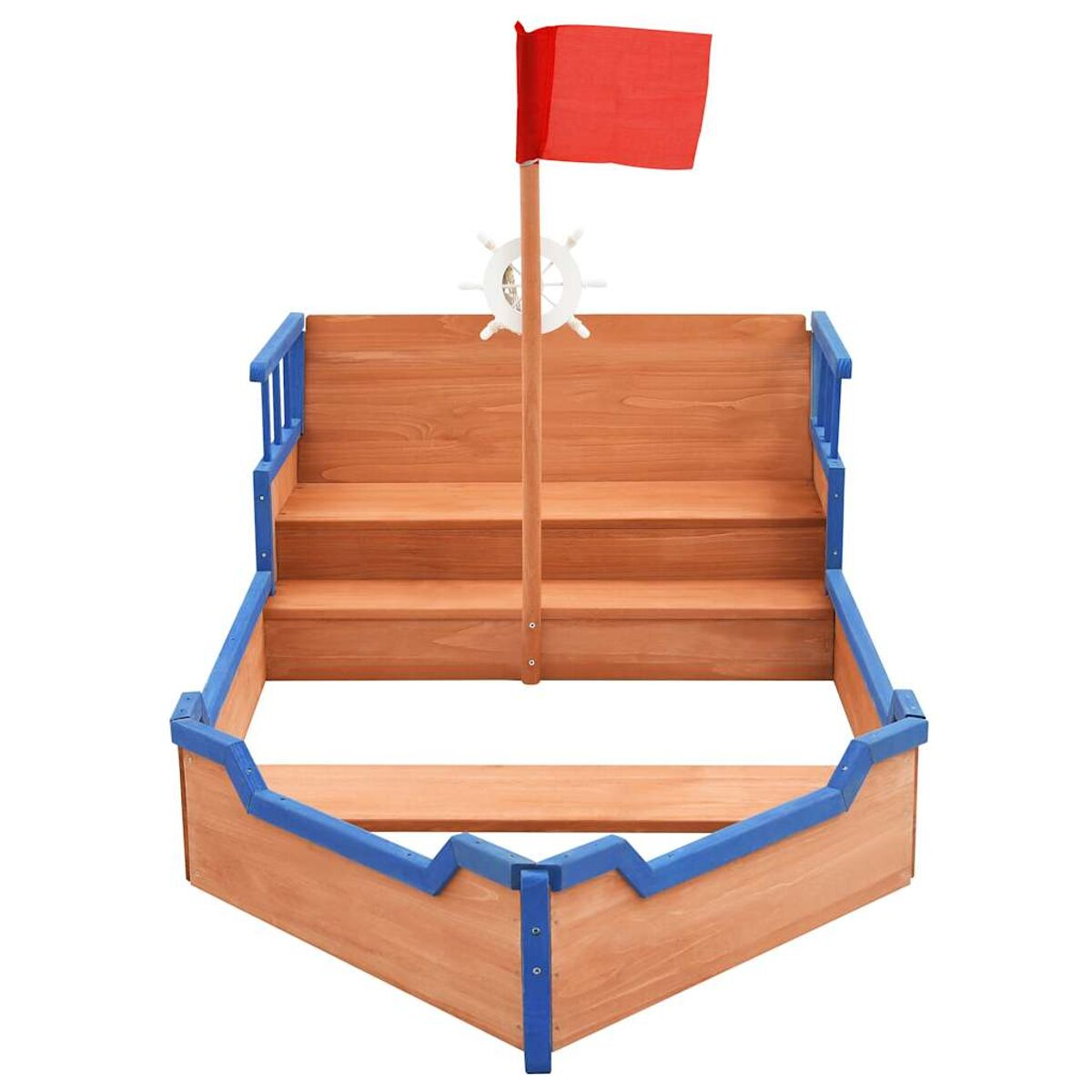 Sabbiere a forma di barca in legno con finiture blu e bandiera rossa. Sfondo bianco.