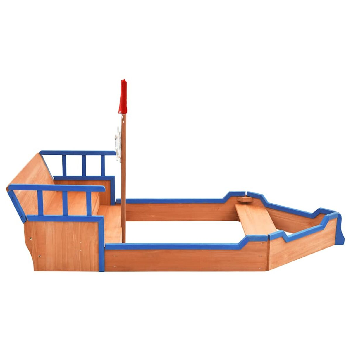 Casetta di sabbia in legno a forma di barca. Con dettagli blu e bandiera rossa.