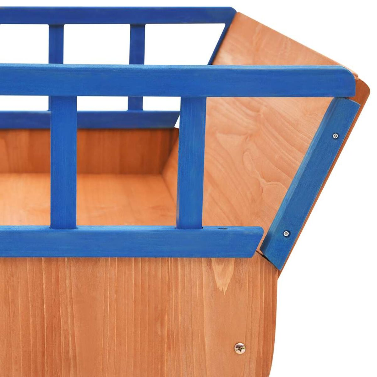 Carretto in legno con barre blu sopra. Ha una base marrone e un bordo blu.