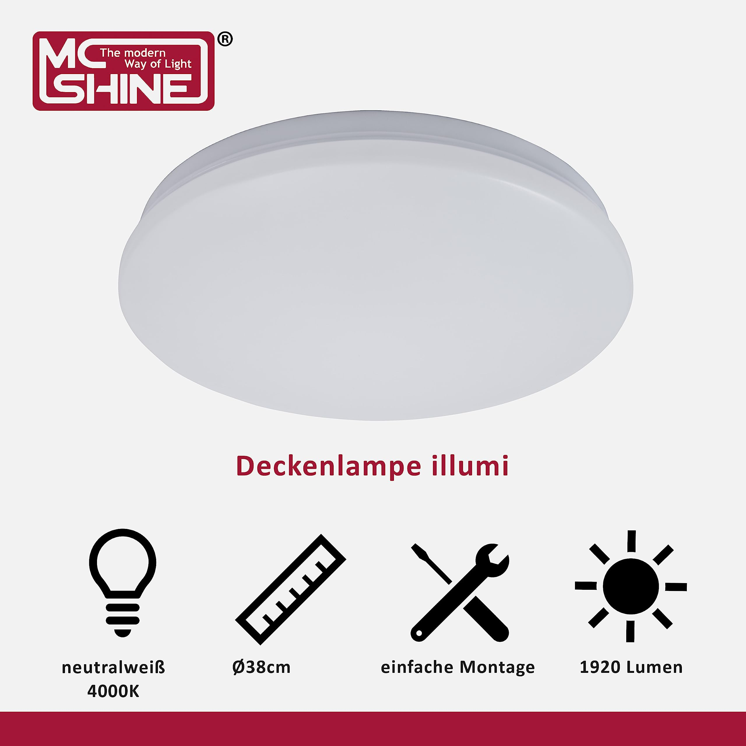 Weiße, runde Deckenlampe mit Text, der neutrales weißes Licht, Größe und Helligkeit angibt.