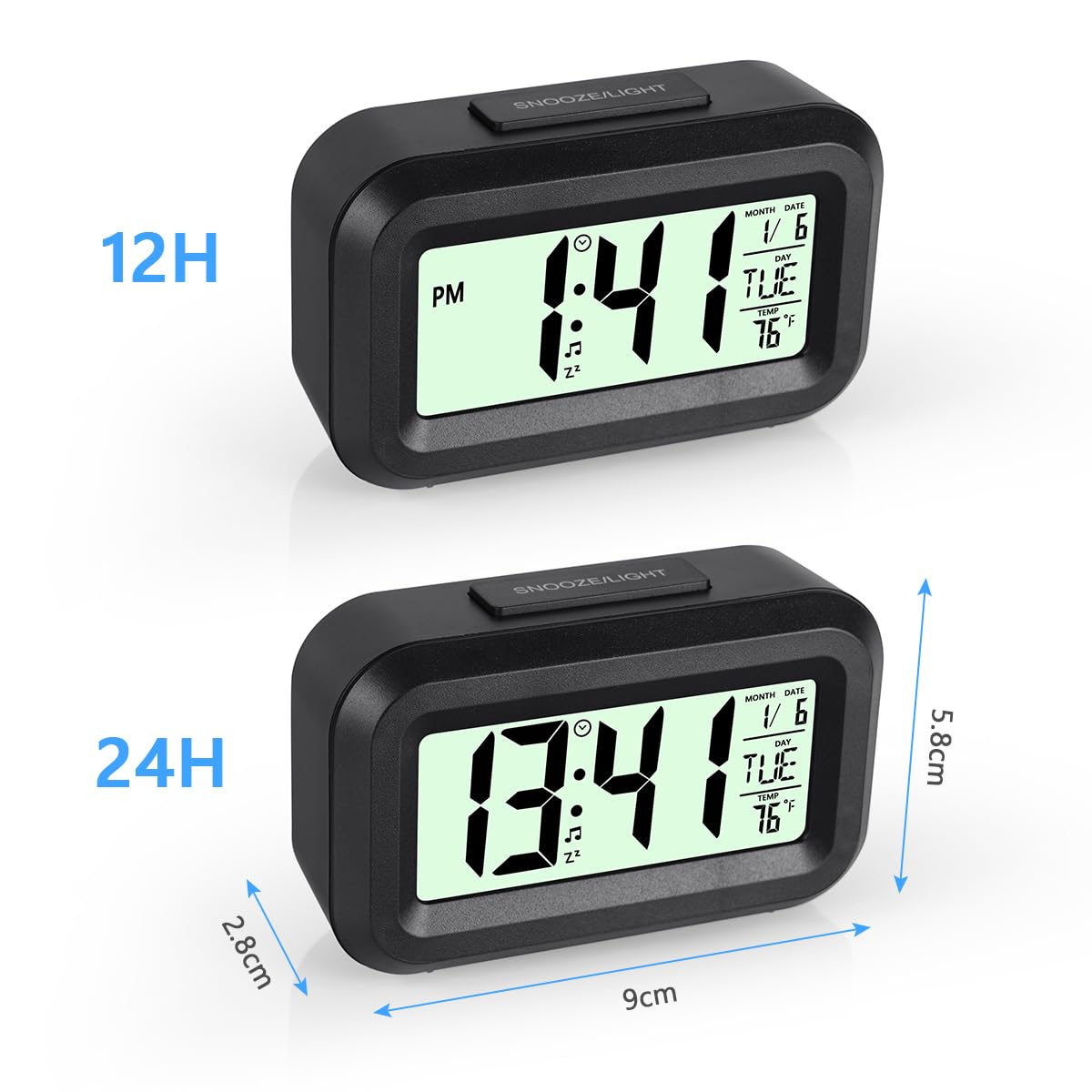 Schwarze Digitalwecker: 12H- und 24H-Format, Maße 9cm x 5,8cm x 2,8cm.