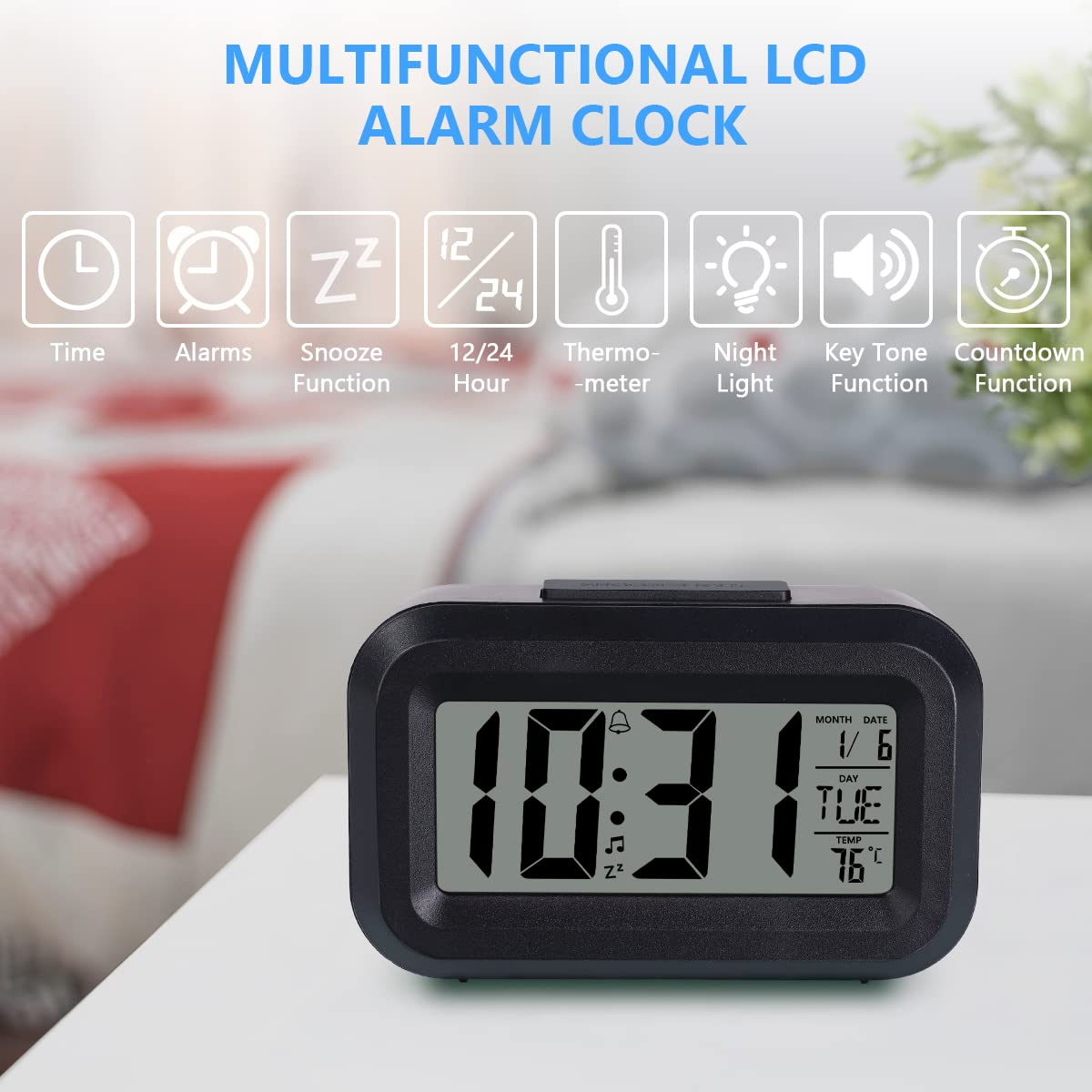 Schwarzer digitaler Wecker mit Uhrzeit, Datum und Temperatur.