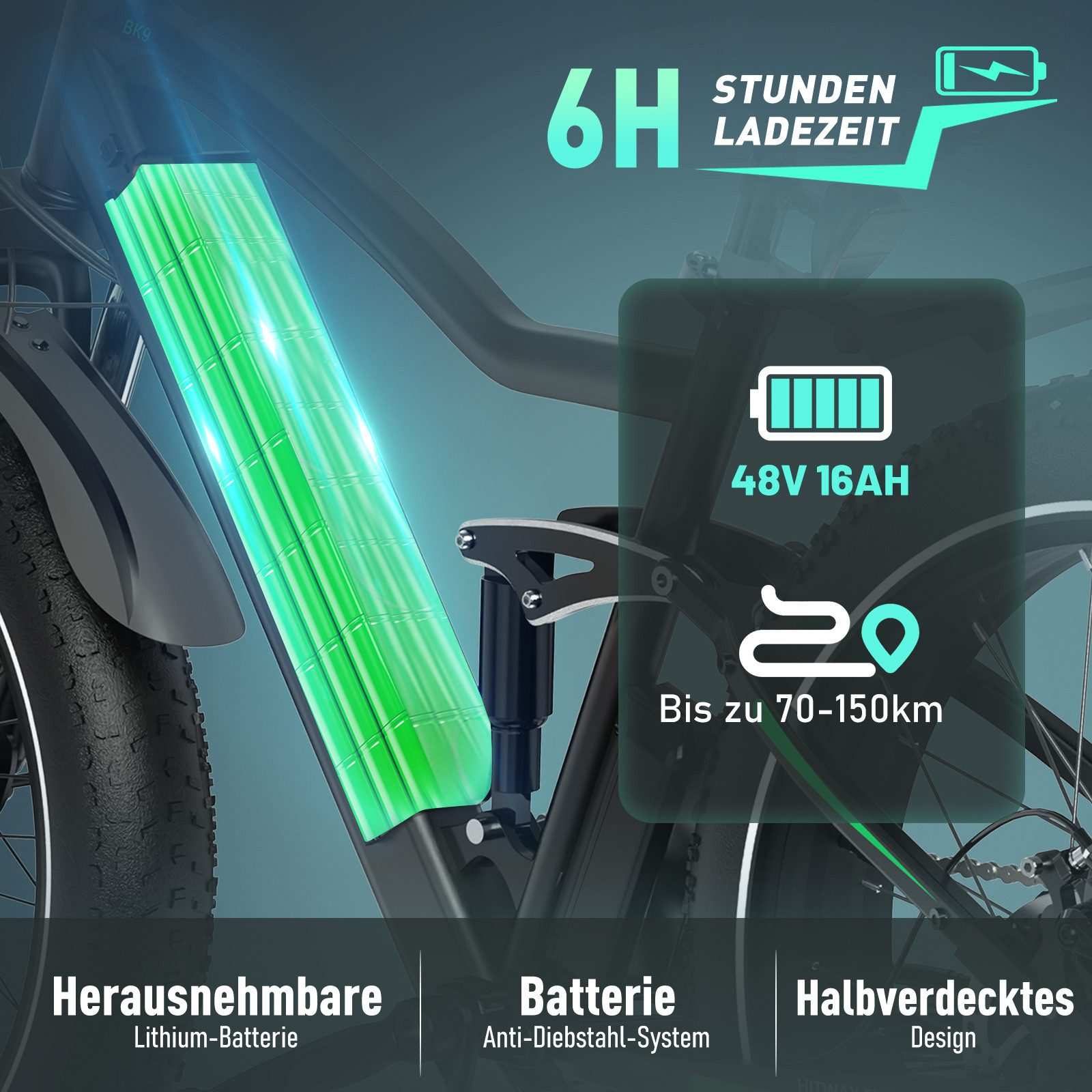 E-Bike-Akku mit Text. Der Akku ist grün und zeigt Ladezeit und Reichweite.