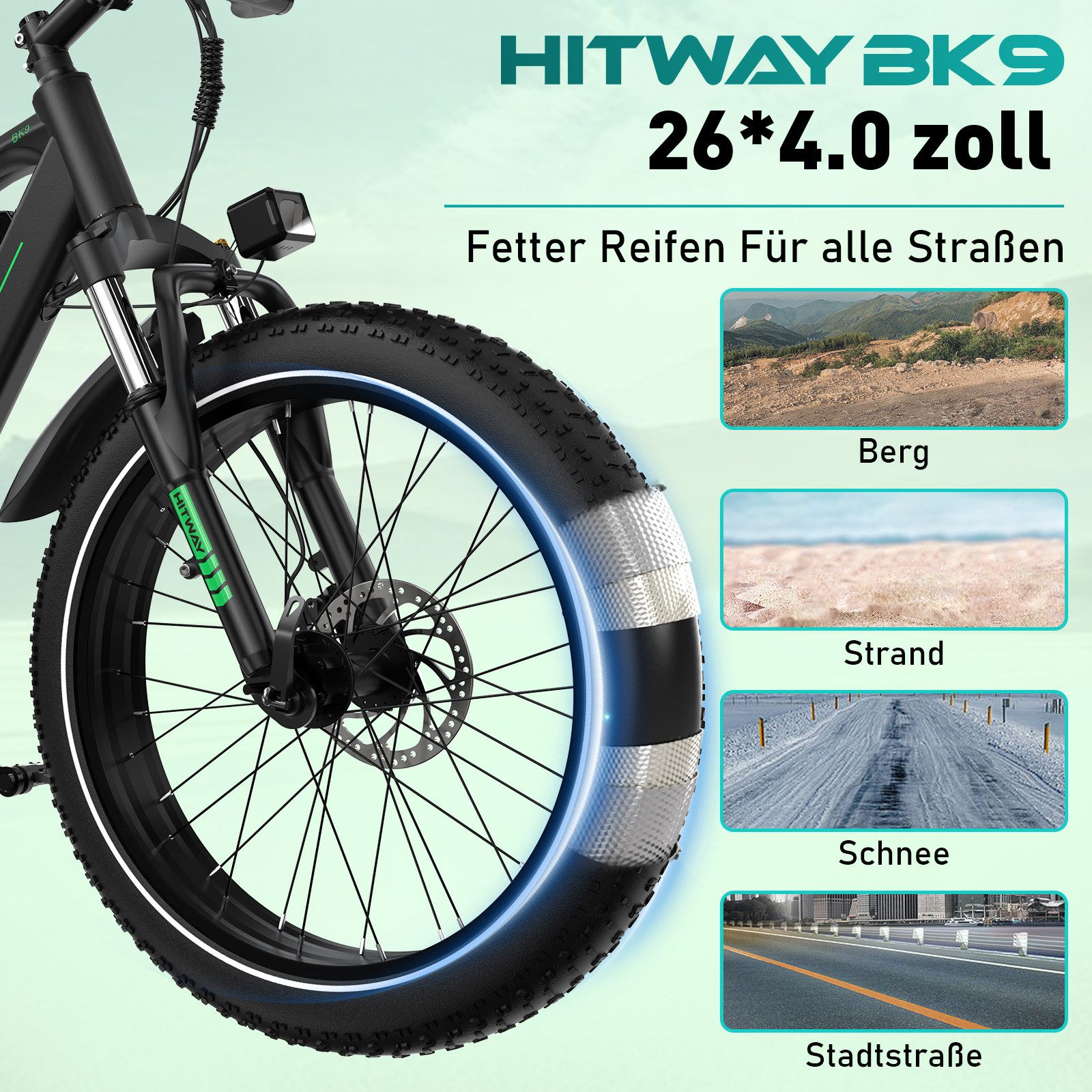 Fahrrad mit breiten Reifen. Es zeigt ein Rad mit dickem Reifen und Bildern verschiedener Terrains.
