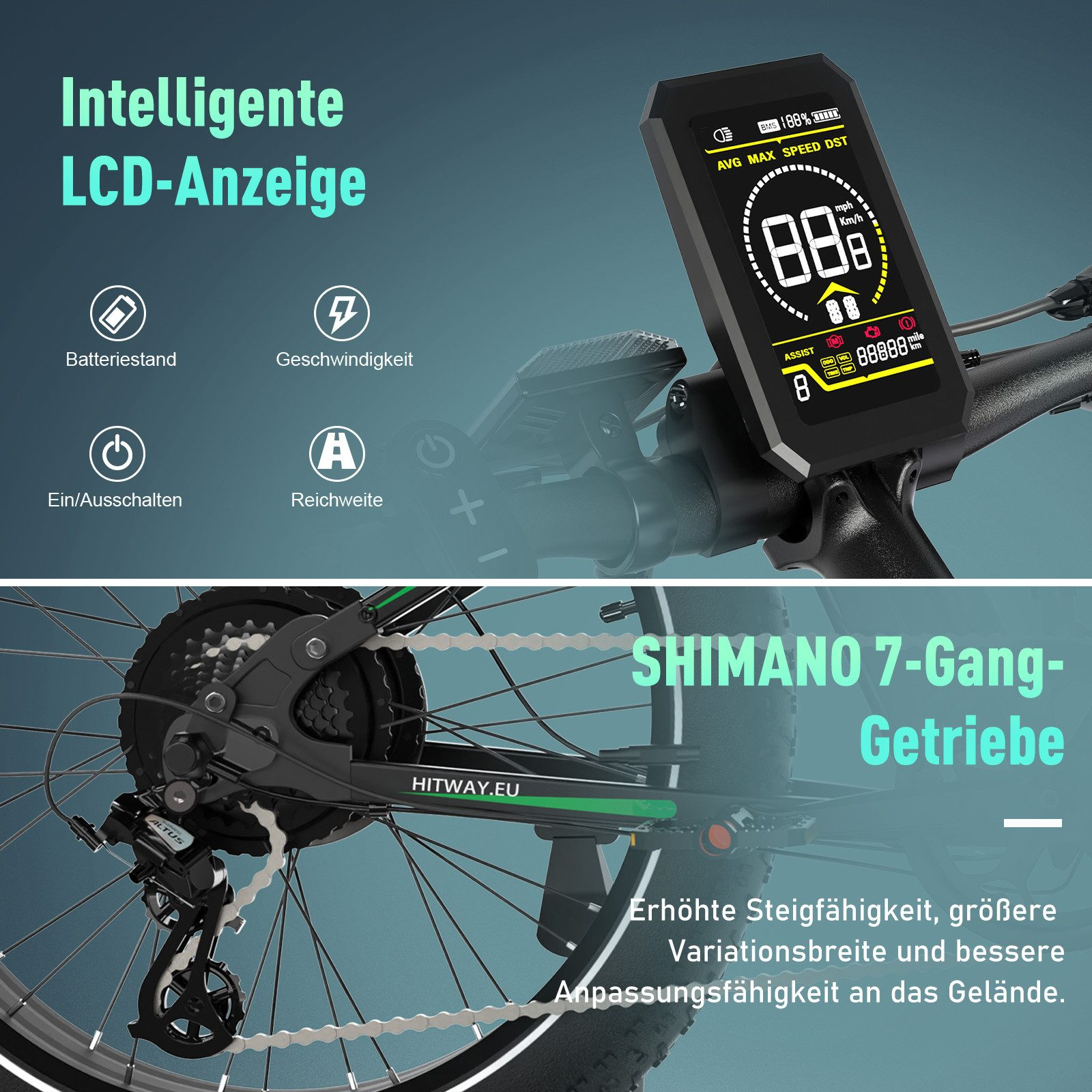 Nahaufnahme des LCD-Displays eines Fahrrads und des Shimano 7-Gang-Systems, mit Text.