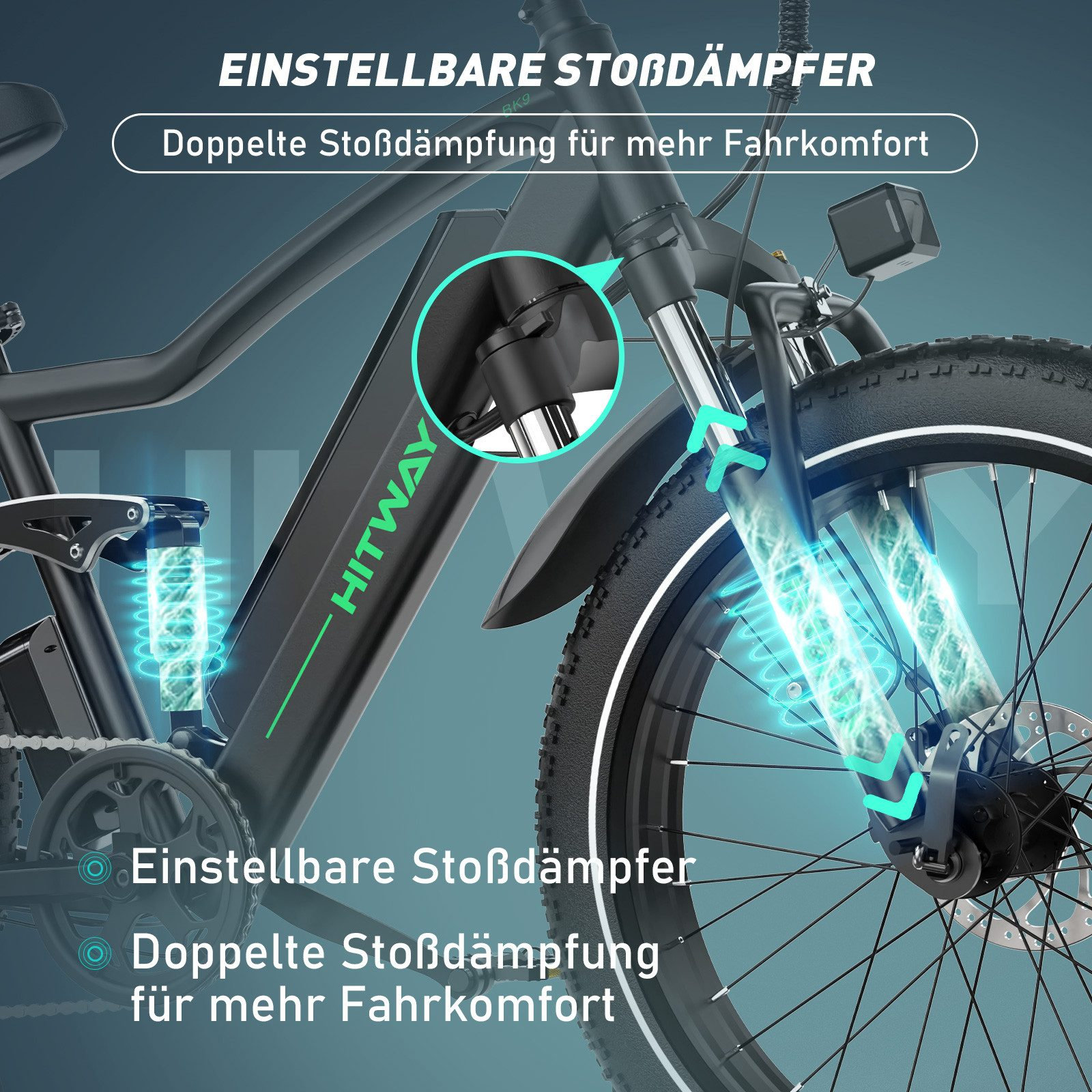 E-Bike mit einstellbaren Stoßdämpfern hervorgehoben. Text erklärt Funktionen.
